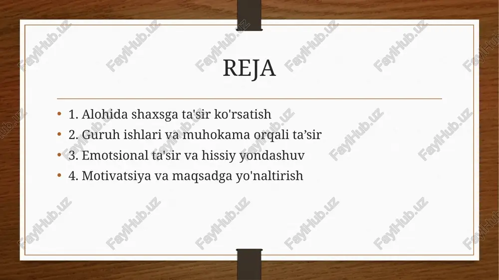 sh vaziyatlar orqali amalga oshiriladi, masalan, biror ijtimoiy muammoni ta'riflashda unga daxldor shaxsning his-tuyg'ulari va ta'sirini aks ettirish. bu orqali, o'quvchi o'ziga ta'sir qilish uchun emotsional javobni beradi. ishontirish metodining xususiyatlari va turlariga quyidagi jihatlar kiradi ishontirish metodini qo'llashda shaxsning psixologik holati, ijtimoiy pozitsiyasi, qarashlari va qadriyatlari inobatga olinadi. misol uchun, o'quvchining yoshiga, madaniyati va jamiyatdagi o'rnini bilish, uning fikrlash uslubi va shaxsiy ehtiyojlarini tushunish muhimdir. odamning psixologik va ijtimoiy xususiyatlarini inobatga olish fikr va qarashlarni o'zgartirish: ishontirish metodining eng asosiy maqsadi — odamning fikrlash va qarashlarini o'zgartirish, uni yangi g'oyalar yoki tamoyillarni qabul qilishga undashdir. odatda, bu usul, odamni avvalgi qarashlardan yoki noto'g'ri tushunchalardan xalos qilishda, yoki yangiliklarga ochiq qilishda qo'llaniladi. . ta'sir ko'rsatishning muhokama va suhbati orqali amalga oshirilishi: ishontirish metodida suhbati va muhokamalar muhim o'rin tutadi. bu metodda taraflar o'z fikrlarini erkin va asosli tarzda ifodalaydilar, bir-birining fikrlarini tinglaydilar va muloqot jarayonida bir-birini ishontiradilar. bu usul orqali …
