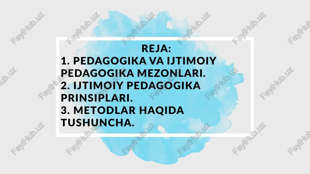 r prinsip va koidalar bizga bog‘liq bo‘lmagan xolda mavjud. ulardan chetga chiqish mumkin emas, aks xolda pedagogik faoliyat befoyda, balki zararli ham bo‘ladi. ijtimoiy pedagogika pedagogikadan ajralib chikdi, tabiiyki o‘z asosida shu fan prinsiplariga tayanadi. pedagogikadagi prinsiplar shaxs ta’lim tarbiyasining umumiy yo‘nalishini beradi va aniq pedagogik vazifalar hal etish uchu asos bo‘lib xizmat qiladi. birok, shu fan rivojlanishining har bir davri uchun pedagogika prinsiplari haqidagi masala munozaralidir. zamonaviy davr ham bundan mustasno emas. har xim olimlar u yoki bu prinsiplarni olg‘a suradi yoki yangicha ma’lumotlarni izoxlaydi. bu borada ijtimoiy pedagogikada yanada ko‘p qiyinchiliklar yuzaga kelmokda, ammo uning dunyoviy balog‘at yoshiga (100 yildan ortik) karamay o‘z bekistonda bu fan endi o‘z ining birinchi kadamlarini kuymokda. biz 3 ta prinsipni ko‘rib chiqamiz: tarbiya’ning tabayatga uyg‘un bo‘lishi to‘g‘risidagi prinsip, tarbiya’ning madaniy uyg‘un bo‘lishi prinsipi va gumanizim prinsipi. tarbiya’ning tabiatga uyg‘un bo‘lishi - ijtimoiy pedagogika prinsipi, shunga ko‘ra ijtimoiy pedagog o‘z amaliy faoliyatida bolaning …
