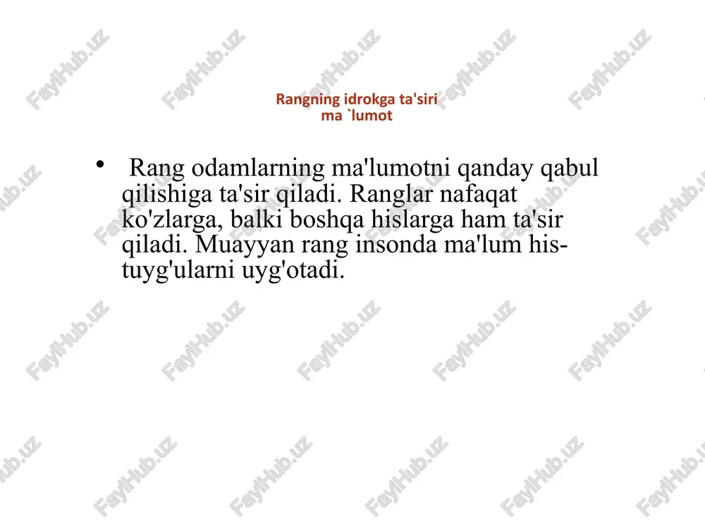 isoblanadi. faol, baquvvat rahbarlar sariq va qizil ranglarni tanlaydilar. balansli, xotirjam va sovuq odamlar yashil va ko'k ranglarni yaxshi ko'radilar. kulrang va jigarrang qoplamalar ishonchsiz va uyatchan odamlar tomonidan seviladi. rangning fiziologik ta'siri haqida yashil-og'riq qoldiruvchi, gipnoz. asab tizimiga ta'sir qiladi, asabiylashish, charchoq, uyqusizlikni engillashtiradi, ohang va kayfiyatni ko'taradi. u qon bosimini pasaytiradi, shuning uchun u dorixonalarning ramzi bo'lib, tibbiyotda og'riq qo'rquvini yo'qotish uchun keng qo'llaniladi. moviy-antiseptik. yallig'lanish uchun samarali. nozik odam uchun ko'k yashil rangdan ko'ra ko'proq tinchlanish va dam olishga yordam beradi, ammo uning "dozasini oshirib yuborish" dan ba'zi depressiya va charchoq paydo bo'ladi. moviy- tinchlantiradi, yurak faoliyatini asta-sekin sekinlashtiradi, buning natijasida u ko'pincha fon rangi bo'lib xizmat qiladi. ammo tinchlantiruvchi ta'sir inhibitiv ta'sirga aylanishi va depressiyaga olib kelishi mumkin. chuqurlik hissi yaratadi. bu xayolparastlar va xayolparastlar tomonidan afzal ko'riladi. binafsha- yurak, o'pka va qon tomirlariga ta'sir qiluvchi mushak to'qimalarining chidamliligini oshiradi. bu rang kuchli irodali xarakterga ega …