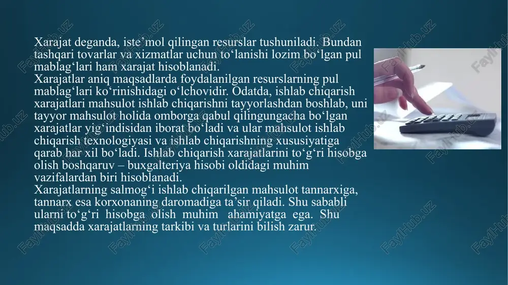 masalan, qo‘shimcha materiallar, qo‘shimcha ishchilar mehnati, ishlab chiqarish binolari va uskunalarning amortizatsiyasi, kommunal xizmatlar, ishlab chiqarish binolarini ijaraga olishga doir xarajatlar jamlamasi). davr xarajatlariga ular paydo bo‘lgan davrda qilingan, lekin zaxiralar qiymatiga kiritilmaidigan sarflar kiradi. davr xarajatlari o‘z ichiga sotish xarajatlari va ma’muriy xarajatlarni oladi. sotish xarajatlari korxona mahsulotini sotish va uni mahsulot bozorida savdoga tayyorlash bilan bog‘liq bo‘lgan barcha xarajatlaridir. ma’muriy xarajatlar korxonaning umumiy faoliyati bilan bog‘liq (masalan, ma’muriy xodimlarning ish haqi, ma’muriy bino va ofis anjomlari amortizatsiyasi va shu kabilar); xarajatlar ishlab chiqarilgan mahsulot tannarxiga kiritilishi usuliga ko‘ra 2 ga bo’linadi: bilvosita bevosita bevosita xarajatlar mahsulotning aniq turi talabidan hosil bo‘ladi. ularni birlamchi hujjatlar ma’lumotlariga asoslanib, xarajat sodir etilgan paytda ishlab chiqilgan mahsulotning ma’lum turiga hech bir qiyinchiliksiz qo‘shish mumkin. bunga xomashyo sarfi, materiallar, ishlab chiqarish bilan band ishchilarning ish haqi, ya’ni birlamchi xarajatlar kiradi. bilvosita xarajatlar mahsulotning bir necha turi bo‘yicha hosil bo‘ladi. odatda bilvosita xarajatga ishlab …