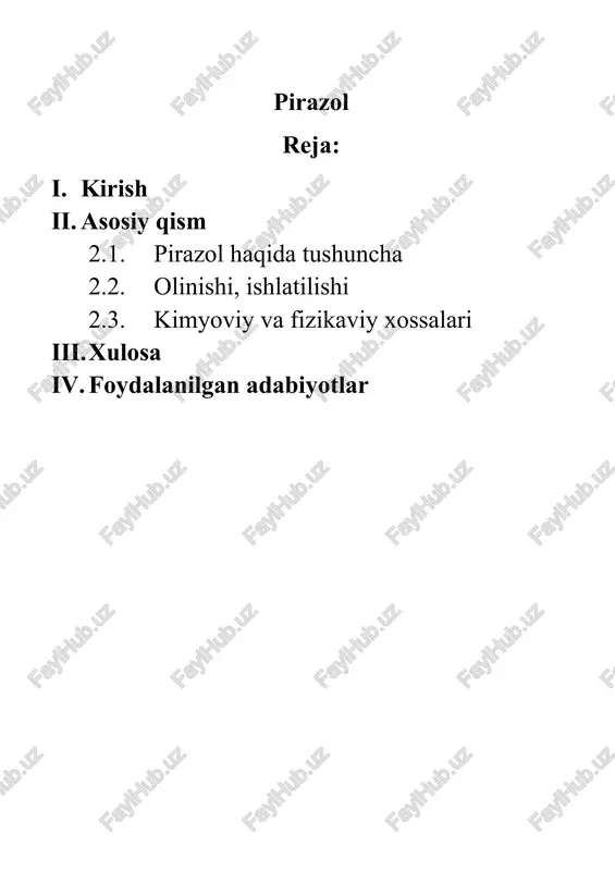 erotsiklik birikmalar kiradi (halqadagi 5ta atom uchun 6ta elektron). geteroatom aromatik halqa c atomlaridagi elektron zichlikni kamaytiradigan geterotsikl -elektronlarga tanqis geterotsikl deyiladi. piridin tipidagi n atomiga ega bo’lgan geterotsiklik birikmalar shu turga kiradi (halqadagi 6ta atom uchun 6ta elektron). geterotsiklik birikmalarda geteroatom o’lchami va elektromanfiyligi c atomidan farq qilishi sababli -elektronlar zichligi halqa bo’ylab notekis taqsimlanadi. bu ularning reaksion qobiliyatlariga sezilarli darajada ta’sir ko’rsatadi. masalan, karbotsiklik aromatik birikmalar uchun elektrofil almashinish reaksiyalari xos bo’lsa, geterotsiklik birikmalar elektrofil va nukleofil almashinish reaksiyalariga kirishadi. karbotsiklik birikmalar halqasi mustahkam bo’lgani holda, geterotsiklik birikmalar qatorida halqa ochilishi va qayta yopilishi reaksiyalari ham uchraydi. ii. asosiy qism 2.1. pirazol pirazol (pyrazole) rangsiz kristall, kuchsiz piridin hidiga ega, suv, etanol va efirda yaxshi eriydi, suyuq.t. 70oc, qayn.t. 187oc. pirazol qutbsiz erituvchilarda molekulalararo vodorod bog’lar hisobiga dimer va trimerlar hosil qiladi. pirazol piridin tipidagi n atomi hisobiga asoslilik, pirrol tipidagi n atomi hisobiga esa kuchsiz kislotalik xossalarini …