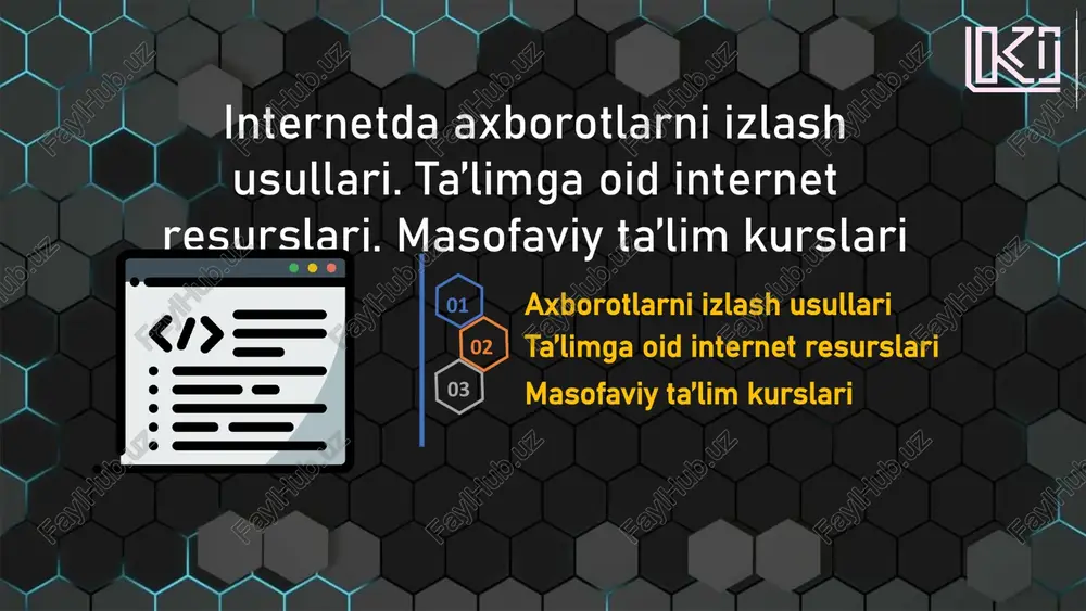 'ishlangan tematik saytlar ma'lum bir mavzu yoki sohaga ixtisoslashgan. chuqur ma'lumotlar ular muayyan soha bo'yicha keng qamrovli ma'lumotlar va resurslarni taklif qiladi. mutaxassislar jamoasi tematik saytlar ko'pincha mavzular bo'yicha mutaxassislar tomonidan boshqariladi. 8 onlayn kutubxonalar keng miqyosdagi resurslar onlayn kutubxonalar turli xil kitoblar, jurnallar va boshqa hujjatlarga kirish imkonini beradi. turli xil formatlar elektron kitoblar, audiokitoblar, jurnallar va boshqa formatlardagi resurslarga kirish mumkin. qidiruv imkoniyatlari qidiruv funksiyalari kerakli ma'lumotni tezda topishga yordam beradi. 9 bog'lanish shakllari sayt ma'lumotlari saytning aloqa ma'lumotlari: telefon, elektron pochta, manzil. aloqa shakllari saytda elektron shakllar orqali xabar yuborish. 10 ta'limga oid internet resurslari ochiq ta'lim resurslari bu resurslar har kimga ochiq va bepul. ular o'quv materiallari, videodarslar, darsliklar, testlar va boshqa ta'lim mazmunini o'z ichiga oladi. tematik ta'lim portallari bu portallar ma'lum bir fan yoki yo'nalishga bag'ishlangan bo'lib, o'quvchilarga shu sohada kerakli ma'lumotlarni topishga yordam beradi. 11 ochiq ta'lim resurslari darsliklar ochiq ta'lim platformalarida turli …