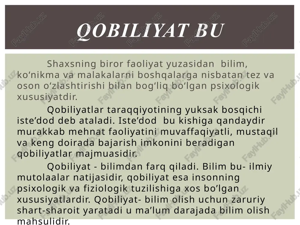 bilishida va o’zlashtirishda namoyon etishidir. 2. akademik qobiliyat qisqa daqiqalarda auditoriya holatini idrok qila olish fazilati ya’ni tashqi olamni va muhitni sezish, idrok etish ya’ni kuzatishda muhim ahamiyatga ega. o’qituvchi o’quvchining psixologiyasini va psixik holatini o’ziga singdirib idrok etadi. 3. perseptiv qobiliyat ixcham, ma'noli, ohangdor, muayyan ritm chastotaga ega bo‘lgan nutq, nutqning jarangdorligi, uning pauza, mantiqiy urg‘uga rioya qilishi o’qituvchining pedagogik jamoa va ota- onalar bilan o’zaro muloqotga kirishishida muhim bo’lib, bunda o’qituvchi muomala madaniyatini muntazam o’zida singdirib shakllantirib borishi lozim. 4. kommunikativ , nutqiy qobiliyat sinf guruhi yoki kursni uyushtirish va uni boshqarish iste'dodi ya’ni sinf o’quvchilarining o’qituvchi tomonidan turli jamoat ishlariga va to’garaklarga jalb qila olishida namoyon bo’ladi. 5. tashkilotchilik qobiliyati insonning kelajagini oqilona tasavvur qilish bashorati tarbiyalanuvchilar- da qanday fazilatlar- ni taraqqiy ettirish lozimligini oldindan aytib bera olishidir. 6. psixologik tashxis (diagnoz) qobiliyati qobiliyati (bir necha ob'ektlarga bir vaqtning o‘zida ongini qarata olish); o’qituvchida diqqat- ning barcha …