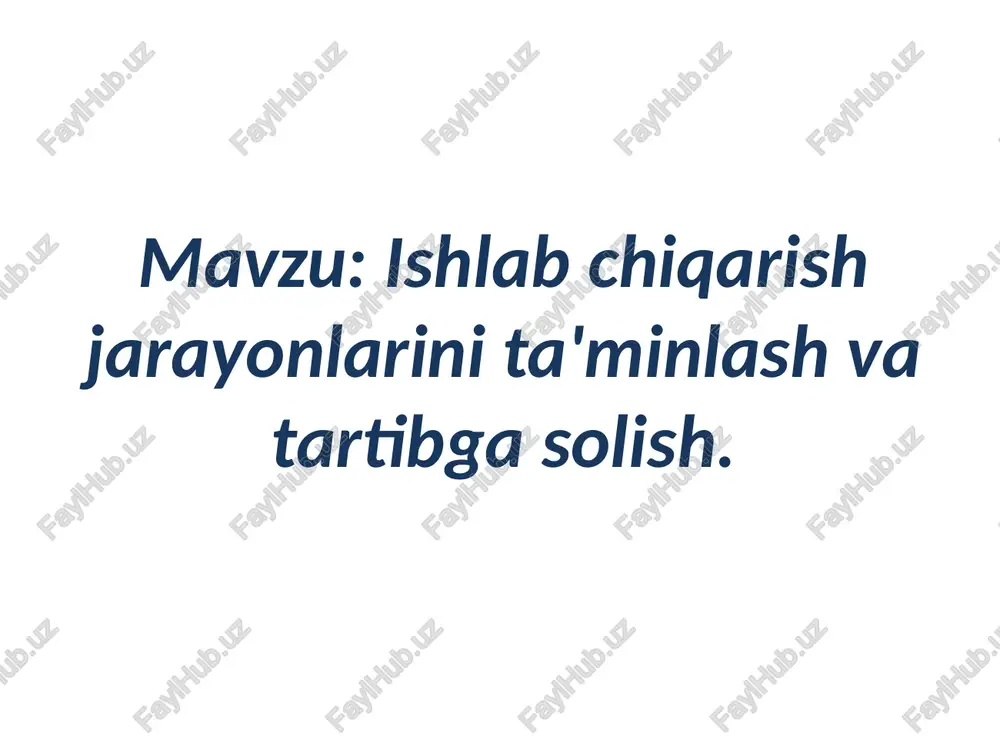 hiqishda; mahsulot sifatini nazorat qilishda; mahsulot sifatini oshirgani uchun xodimlarni rag’batlantirishda; sifat to’g’risida axborot yig’ishni tashkil etishda va hokazo hollarda vujudga keladi. sifat menejmenti. sifatni nazorat qilish bosqichlari sifat menejmenti mahsulot ishlab chiqarishning har bir bosqichida sifat haqida qayg’urishni anglatadi. shu nuqtai nazardan sifatni boshqarish jarayoni quyidagi bosqichlarni o’z ichiga oladi: ishlab chiqarishgacha - konstruktsiyalash, samarali texnologiyani, standartlarni ishlab chiqish va hk.; ishlab chiqarish jarayonida - bu erda yaroqsiz mahsulotni ishlab chiqarishga yo’l qo’ymaslik; ishlab chiqarishdan keyingi bosqich - saqlash, sotish, tashish, xizmat ko’rsatish va boshqa jihatlar ustidan qattiq nazoratni o’rnatish xulosa. moddiy va ma’naviy ne’matlarni yaratish, xizmatlar ko’rsatish inson hayoti, uning yashashi va kamol topishi uchun moddiy asosdir. shuning uchun ishlab chiqarishning to’xtovsiz takrorlanishi va uni rivojlantirishi har doim eng muhim iqtisodiy qonuniyat va ob’ektiv zaruriyatdir. ma’lumki, har qanday ishlab chiqarish, birinchi navbatda, mehnat jarayonidir yoki boshqacha qilib aytganda, tabiatdagi bor narsalarning ko’rinishini o’zining iste’moli uchun muvofiq holga keltirish …