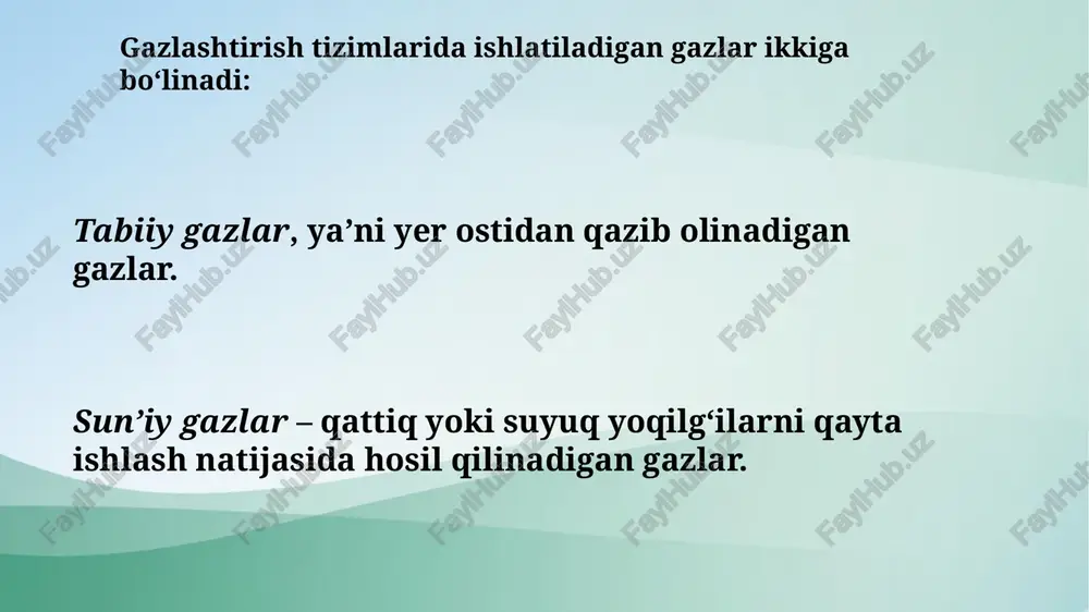 hda tabiiy gazlardan juda keng miqiyosda foydalaniladi. tabiiy gazlar er ostidan qazib olinadi va asosan metanlar qatoriga kiruvchi uglevodorodli gazlardan tashkil topgandir. uning tarkibiga metan, etan, propan, butan, pentan va geksanlar, ularning birikmalari kiradi. uglevodorodlardan tashqari, tabiiy gazlar tarkibida azot, is gazi, oltingugurt, vodorod va inert (kam uchraydigan) gazlari uchraydi. tabiiy gazlar er ostida paydo bo‘lishiga qarab qo‘yidagi guruhlarga bo‘linadi: toza gaz ko‘rinishida, neft paydo bo‘lgan joylarda neft bilan birgalikda va gaz kondensati paydo bo‘lgan kondensatli gazlar toza gaz ko‘rinishidagi tabiiy gazlarning tarkibi asosan metandan tarkib topgan bo‘lib, quruq va taqir bo‘ladi. og‘ir uglevodorodli gazlarning (propan va undan keyingilari) quruq gaz tarkibidagi miqdori 50 g/m3 dan oshmaydi. neft bilan birgalikda paydo bo‘lgan gazlar, neft paydo bo‘lgan joydan qazib olinadi. bu gazlarni «hamroh» (yo‘l-yo‘lakay) gazlar ham deb ataydilar. bunday gazlarning tarkibida metandan tashqari, ko‘p miqdorda og‘ir uglevodorodli gazlar (150 g/m3 va undan ortiq) bo‘lib, moyli gaz xisoblanadi. moyli gazlar bu quruq …