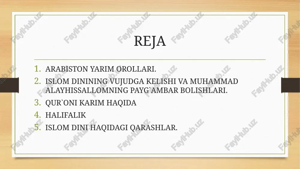 indiston (140mln) eron, turkiya (65mln) misr (60mln) nigeriya (80mln) darvoqe, arablar barcha musulmonlarning 20%ni tashkil qiladi. islom dini paygambarimiz 570-yilda tugulganlar. 610-yilda vahiy tushgan ( alaq surasining 1-5oyatlari) 630-yilda arablar yagona davlatga birlashadi. islomda 3ta ta`limot bor 1.iymon. 2.islom. 3.ehson. islom ta`limoti islomda 5ta farz bor iymonda 7ta farz bor. iymon keltirish 1.allohga ishonish namoz oqish 2. paygambarlarga ishonish roza tutish 3.kitoblarga ishonish zakot berish 4. farishtalarga ishonish. hajga borish. 5.qiyomat kuniga ishonish 6. yaxshilik ham yomonlik ham allohdan ekanligiga ishonish 7.o`lgandan song qayta tirilishga ishonish. qur`oni karim milodiy 610-yilda uning ilk 5 oyati nozil bo'ldi. bu- "iqro"(o'qi) deya boshlanuvchi alaq surasidir. so'ngra 23 yil mobaynida jabroil tomonidan rasulullohga yetkazib turildi. shu tariqa 30 pora(300 sahifa) 6666 oyat, 114ta suradan iborat bo'lgan qur'on nozil bo'ldi va bu eng buyuk mo'jiza bo'lib qoldi. 651-yildq zayd ibn sobit va umar ibn xattob qur'onni jamlagan. qur'oni karim jamlangan qur'on avval abu bakrning uylarida …