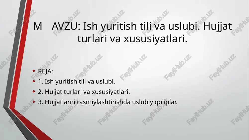 ning xolislik, aniqlik, ixchamlik, loʻndalik, mazmuniy toʻliqlikdan iborat zaruriy sifatlari, hujjatchilik tilining oʻziga xos uslubi morfologik va sintaktik xususiyatlar orqali ta’min etiladi. hujjat matni yuqorida sanalgan xususiyatlarga ega boʻlmasa, bunday hujjat yaroqsiz holga keladi va ish yuritishning samaradorligini pasaytiradi. hujjatlar tilida ot turkumiga oid soʻzlar koʻp qoʻllanadi. hatto fe’l bilan ifodalanuvchi harakat va holatlar ifodasi uchun ham otga yaqin soʻz shakllari tanlanadi, ya’ni harakat nomi shakli. masalan: tayyorgarlikning borishi haqida… qarorning bajarilishi toʻgʻrisida… yordam berish maqsadida… qabul qilishingizni soʻrayman… fe’l shakllarining qoʻllanishida ham birmuncha oʻziga xosliklar mavjud. xususan, majhul nisbatdagi 3-shaxs buyruq-istak maylidagi yoki oʻtgan zamondagi fe’l shakllarining qoʻllanish darajasi ancha yuqori: topshirilsin tasdiqlansin boʻshatilsin tayinlansin eshitildi qaror qilindi koʻrsatib oʻtildi kishilar rasmiy ish yuritishda tilning imlo qoidalariga amal qilishga majburdirlar. 1995-yilning 24-avgustida tasdiqlangan “oʻzbek tilining asosiy imlo qoidalari” da : 1. harflar imlosi 2. asos va qoʻshimchalar imlosi 3. qoʻshib yozish 4. chiziqcha bilan yozish 5. ajratib yozish 6. …
