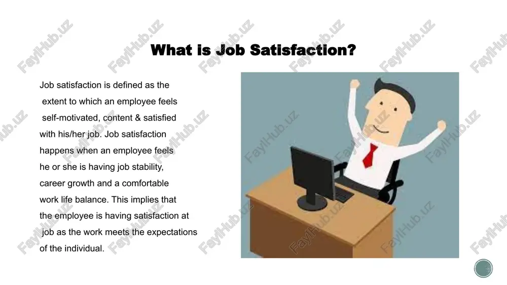 lethargic, makes mistakes & becomes a burden to the company. the elements & factors which contribute to job satisfaction are: , , 1. compensation & working conditions one of the biggest factors of job satisfaction are the compensation and benefits given to an employee. an employee with a good salary, incentives, bonuses, healthcare options etc. is happier with their job as compared to someone who doesn’t have the same. a healthy workplace environment also adds value to an employee. 2. work life balance every individual wants to have a good workplace which allow them time to spend with their fjob satisfaction for employees is often due a good work life balance policy, which ensures that an employee spends quality time with their family along with doing their work. this improves the employee's quality of work life. amily & friends. job satisfaction examples there can be several examples of job satisfaction …