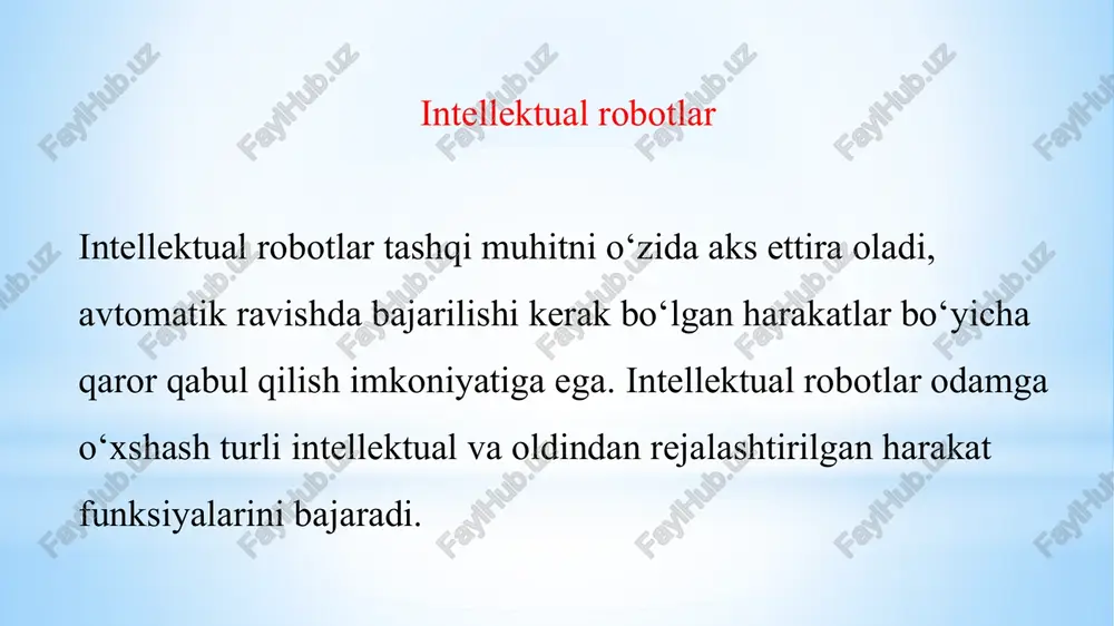 nsor qurilmalar; 7 - muloqot qurilmasi; 8 - manba bloki. hozirgi vaqtda jahonda intellektual robotlarning ayrim turlari yaratilgan. masalan, aqshning “sheyki” va yaponiyaning “xivip” robotlari. ular ma’lum predmet sohasida tash qi muhitni o‘zining sensor qurilmalari yordamida qabul qiladi, axborotlami qayta ishlab qaror qabul qiladi va tashqi muhitga moslashib, ayrim intellektual masalalarni yecha oladi. image1.jpeg image2.jpeg image3.png image4.png tis ie l = e’tiboringiz uchun raxmat! /docprops/thumbnail.jpeg intelektual robotlar to “grisida asosly tushunchalar. kimsanboyevalt,