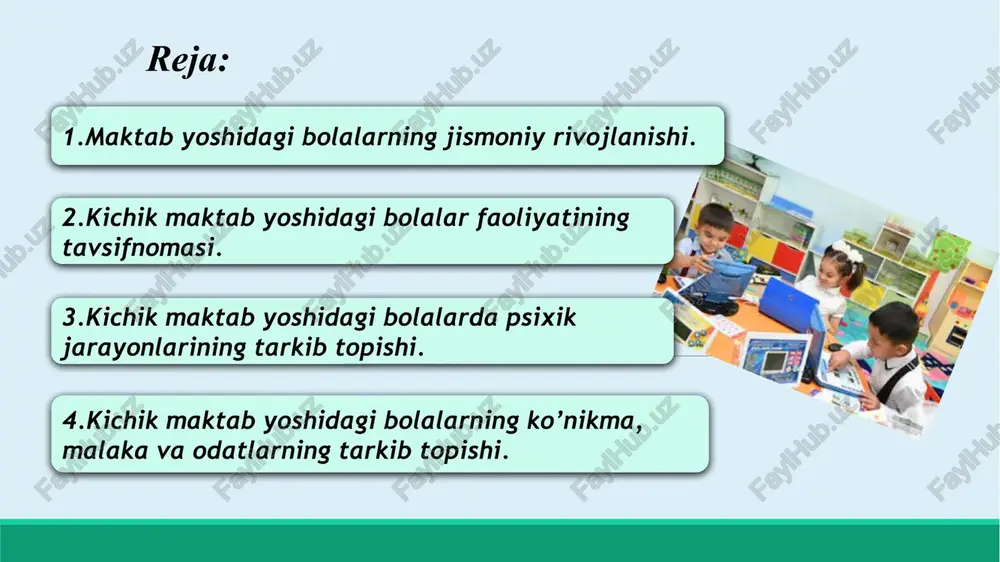 lanish ham mujassamlashgan. bolalar o’zlariga kerakli hayotni o’yindan topadilar. o’yin mazmunining rivojlanishi bolaning kattalar hayoti va faoliyatining mohiyatiga chuqurroq kirib borishida, atrofdagi voqeliklarga munosabati o’zgarishida aks etadi. qo’zg’alish va tormozlanish jarayonining birmuncha muvozanatligi; o’z-o’zini boshqarish, intizomi, xulqiga baho bera olish; ijobiy emotsiyalar, xushchaqchaqlik, quvnoq va bardam kayfiyat ustun bo’ladi; bog’cha yoshidagiga nisbatan sezgilari birmuncha ortadi; ixtiyoriy va tushunib esda qoldirish tez rivojlana boshlaydi. kichik maktab yosh davri xususiyatlari: ta’lim faoliyati o’quvchiga ma’lum bilim, ko’nikma, malakalar berish va bu bilan odaamning bilish faoliyatini rivojlantirish jarayonidir. ko’rinib turibdiki, o’qitish ikki tomonlama jarayon bo’lib, o’qituvchi va o’quvchi tomonidan amalga oshirilar ekan, o’qitish pedagogik jarayon bo’lib, maxsus tayyorlangan kishi rahbarligiga bilim, iqtidor, malaka egallanadi. mehnat shaxs, jamiyatning moddiy va ma’naviy ehtiyojlarini qondirish uchun zarur bo’lgan ijtimoiy mahsulotlarni yetishtirishga qaratilgan faoliyatdir. mehnat inson faoliyatining tarixan vujudga kelgan dastlabki turi bo’lib, odam hayvonot dunyosidan ajralib chiqib, ongli mavjudotga – odamga aylanadi. o’quvchilar mehnat tarbiyasining psixologik asoslari. …