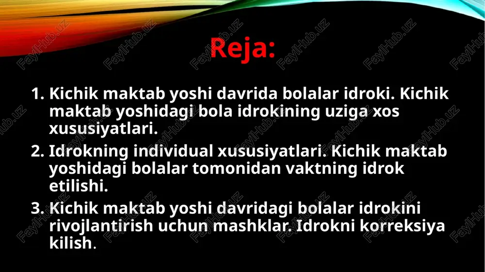 ega va hokazo). buning aksi (etishmovchilik) e'tiborsizlik va idroksizlik bo'lib, imkoniyatlarni yo'qotish, odamning o'rganish etishmasligi, nima bo'layotganini tushunmaslik, hayotning barcha sohalarida travma va muvaffaqiyatsizlikka olib keladi. 2. diskriminatsiyaning rivojlanishi - tasvir va sezgilar orqali olingan ma'lumotlarni to'g'ri talqin qilish qobiliyati. stereotiplar va noto'g'ri qarashlardan ustun turish va aslida nima ekanligini ko'rish qobiliyati. bu sodir bo'layotgan hamma narsani, barcha tafsilotlarni payqash, ularning ma'nosini tushunish qobiliyatidir. rasmni idrok etish. kichik maktab yoshdagi bolalar uchun rasmni to'g'ri idrok etish qiyin. axir, hatto kamida ikkita ob'ektning tasvirini o'z ichiga olgan eng oddiy rasm ham ularga qandaydir fazoviy aloqalarni beradi. vaqtni idrok etish. vaqt makon kabi ob'ektiv mavjud voqelikdir, chunki voqelikning barcha hodisalari nafaqat fazoda, balki vaqtda ham mavjud. idrok ob'ekti - vaqt atrofdagi voqelikning nihoyatda ko'p qirrali tomonidir. vaqtni idrok etish - bu voqelik hodisalarining ob'ektiv davomiyligi, tezligi, ketma-ketligini miyada aks ettirish (d.b. elkonin). kosmosni idrok etish. kichik maktab yoshdagi davrda makonni uning asosiy …
