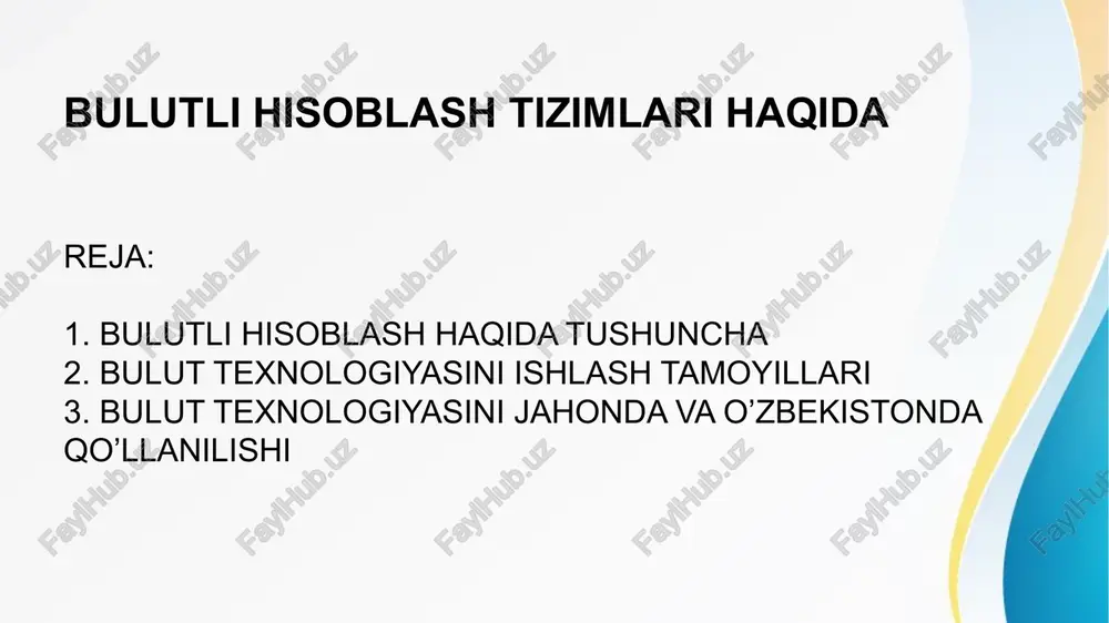 limi foydalanishi mumkin; 3. ommaviy bulut (public cloud) - bu infratuzilma bulutli xisoblash xizmatlaridan keng omma foydalanish imkoniyatiga ega; 4. gibrid bulut (hybrid cloud) – bu infratuzilma tarqatish modellarini barchasini o’z ichiga oladi yani xususiy, jamoaviy va ommaviy. microsoft azure (windows azure) microsoft bulut platformasining nomi. tarqatilgan ma’lumotlar markazlarida joylashgan serverlarga ilovalarni ishlab chiqish va ishlatish va ma’lumotlarni saqlash imkoniyatini beradi. dastlab windows azure deb nomlangan, keyinchalik 2014 yilda platforma "microsoft azure" deb o’zgartirilgan. microsoft azure xizmati bulut platformasini xizmat (paas) va infrastruktura (iaas) sifatida ishlatadi. model (saas) sifatida ham uchinchi, ham microsoft xizmatlaridan foydalanish mumkin. microsoft azure platformasining ishlashi microsoft global ma’lumotlar markazlari tarmog’i tomonidan taqdim etilgan. biznes uchun onedrive bilan siz deyarli har qanday qurilmadan fayllarni osongina va ishonchli saqlashingiz va ularga kirishingiz mumkin. onedrive ma’lumotlar uzatish markazlarida ma’lumotlarni uzatish va saqlash vaqtida ishingizni rivojlangan shifrlash bilan xavfsiz ishlashingizga imkon beradi.onedrive kichik korxonalar, korporatsiyalar va barcha o’lchamdagi kompaniyalar …