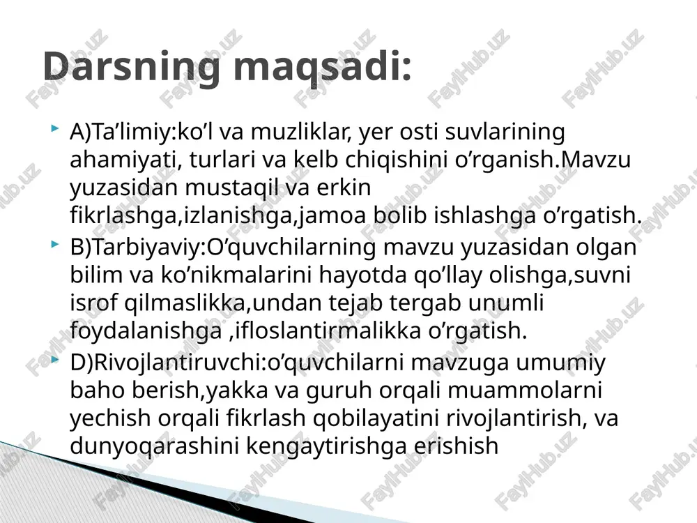 milishi yerning g’ovaklik darajasiga bog’liq. shag’al va qum suvni yaxshi o’tkazadi. shuning uchun ular suvni o’tkazuvchi jinslar deyiladi. granit, ohaktosh, gil suvni yaxshi o’tgazmaganligi tufayli suvni o’tkazmaydigan jinslar deyiladi. yer osti suvlari 1.ko’llar deb nimaga aytiladi.dunyodagi qanday ko’llar bilasiz? 2.ko’llarning qanday turlarini bilasiz? 3.muzliklar qanday hosil bo’ladi? 4.aysberg nima? mustahkamlash uchun savollar: e’tiboringiz uchun rahmat image1.jpeg image2.jpeg image3.jpeg image4.jpeg image5.gif image6.jpeg image7.jpeg image8.jpeg image9.jpeg image10.png image11.jpeg image12.png image13.jpeg image14.jpeg image15.jpeg image16.jpeg agar ko'llarga daryolar quyilsa-yu bironta ham daryo ogib chig- masa, bunday ko'l agmas ko'l deyiladi. kaspiy, orol ko'llari shun- day ko'llar. agar ko‘llardan daryo ogib chigsa, u agar ko'l deyiladi. baykal ko‘liga 300 dan ortiq kichik daryo quyiladi va undan bitta katta daryo — angara daryosi ogib chigadi. baykal — ogar ko'l. muzliklar. quruglikda gor to‘planib, hosil bo‘lgan ko‘p yillik muzlar mugliklar deyiladi. ular daryo va ko‘llarni goplab yotgan muzlardan farg qiladi. sovug o‘lkalarda va baland tog‘larda yoqqan gor …