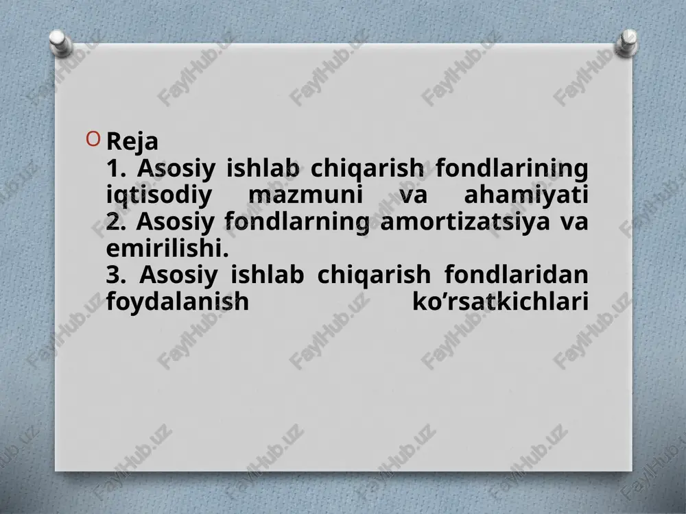 iymatini tayyor mahsulotga amortizatsiya shaklida o’tkazib boradigan va ishlab chiqarish jarayoni oxiriga kelib natural shaklini saqlab qoluvchi moddiy boyliklarga aytiladi. boshqacha qilib aytganda, asosiy ishlab chiqarish fondlari deb ishlab chiqarish jarayonida uzoq davr bevosita va bilvosita qatnashadigan, moddiy boyliklar yaratishda ishtirok etadigan hamda tabiiy shaklini saqlagan holda o’z qiymatini tayyorlanayotgan mahsulotga asta-sekin, ekspluatatsiya jarayonida eskirishi(tuzishi)ga qarab o’tkazib boradigan mehnat vositalariga ham aytiladi. asosiy fondlar – korxona ishlab chiqarish vositalarini bir qismi bo’lib, ishlab chiqarish jarayonida uzoq muddat ishtirok etadi, o’z natural shaklini yo’qotmay, o’z qiymatini asta sekinlik bilan, qisman, foydalanish sari tayyor mahsulotga o’tkazib boradi. u kapital qo’yilmalar hisobidan to’ldirib boriladi. asosiy ishlab chiqarish fondlarining tuzilmasini yaxshilanishiga quyidagilar imkon beradi: jihozlarni yangilash va modernizatsiyalash; progressiv dastgox va mashinalar, ayniqsa oxirgi jarayonlarni bajaruvchi dastgoxlar, avtomatik va yarim-avtomatik dastgoxlar, universal agregatli dastgoxlar, avtomatik liniyalar, raqamli dastur boshqaruvili dastgoxlar salmog’ini oshirish hisobida jihozlar tuzilmasini takomillashtirish; bino va inshootlar, ochiq maydondagi qo’shimcha o’rnatilgan jihozlardan …