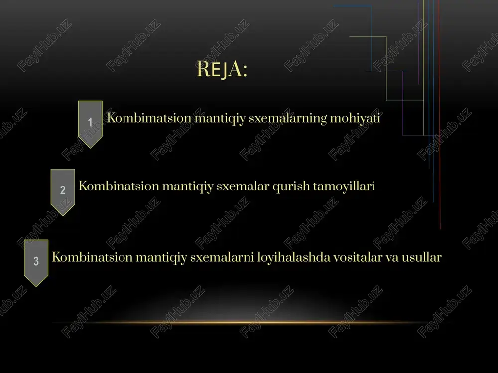 ng machine kirish signallari: tugmalar 2 chiqish signallari mahsulotlarni chiqarish 3 mantiqiy funksiya tugma bosilganda tegishli mahsulotni chiqarish 4 amaliy muhokama vending machinening ishlashini analiz qilish orqali kombimatsion mantiqiy sxemalarning qanday ishlashini tushunish mumkin. 7 kombinatsion mantiqiy sxemalarni loyihalashda vositalar va usullar 1 logik darvozalar and, or, not, xor kabi mantiqiy darvozalarni qo'llash. 2 mantiqiy ifodalar mantiqiy funksiyani mantiqiy ifoda yordamida ifodalash. 3 karnaugh xaritalari mantiqiy funksiyani soddalashtirish va optimal sxema yaratish. 4 simulyatsiya dasturlari logik sxemani simulyatsiya qilish va uning ishlashini tahlil qilish. 8 optimal kombinatsion mantiqiy sxemalarni loyihalash usullari 1 karnaugh xaritalari mantiqiy funksiyani soddalashtirishda foydalanish. 2 qulaylik kamroq darvozalar va ulanishlar bilan samarali sxema yaratish. 3 tezlik signallarni tezroq qayta ishlash uchun sxema tezligini optimallashtirish. 4 xatoliklarni bartaraf etish sxemani loyihalashda xatoliklarni oldini olish va bartaraf etish usullarini ishlab chiqish. 9 kombinatsion mantiqiy sxemalarni loyihalashda yuzaga keladigan muammolar va ularni hal etish yo'llari xatoliklar sxemani loyihalash va …