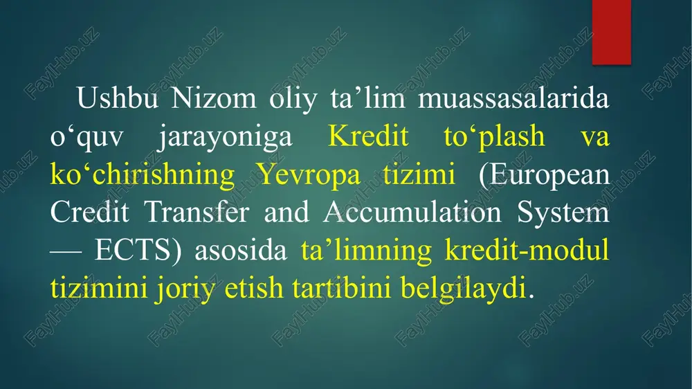 a taqdim etiladigan kredit birliklarini to‘plash; talabaning shaxsiy ta’lim trayektoriyasi — talaba tomonidan tanlangan hamda unga ketma-ketlikda bilimlar to‘plash va xohlagan kompetensiyalar yig‘indisiga ega bo‘lish imkoniyatini beradigan yo‘nalish (marshrut). ta’lim trayektoriyasi institutsional hujjatlar va yo‘riqnomalar yordamida tuzilishi hamda turli ta’lim trayektoriyalari natijada bir xil malaka olishga olib kelishi mumkin; ta’lim dasturi — bakalavriat ta’lim yo‘nalishi yoki magistratura mutaxassisligi bo‘yicha o‘quv jarayonini amalga oshirishga mo‘ljallangan ta’limning asosiy xususiyatlari (hajmi, mazmuni, rejalashtirilgan natijalar), tashkiliy-pedagogik shart-sharoitlar, fan dasturlariga quyilgan umumiy talablar, shuningdek, ta’limni tashkil etish va amalga oshirish uchun zarur bo‘lgan axborot-resurs va o‘quv-metodik ko‘rsatmalar majmui; ta’lim dasturi katalogi — oliy ta’lim muassasasi tavsifi, kredit-modul tizimiga kirish, mavjud bakalavriat ta’lim yo‘nalishlari va magistratura mutaxassisliklari, xizmatlar va resurslar, o‘quv fanlari dasturlari, aniq ta’lim dasturlari elementlari tavsifi to‘g‘risidagi axborot; ta’lim natijalari — talaba tomonidan o‘zlashtirilgan va baho bilan tasdiqlangan malaka darajasini aks ettiradigan, ta’lim jarayonini muvaffaqiyatli tugallagach talaba o‘zlashtirgan ko‘nikmalar va ularni amalda bajarish qobiliyatining …
