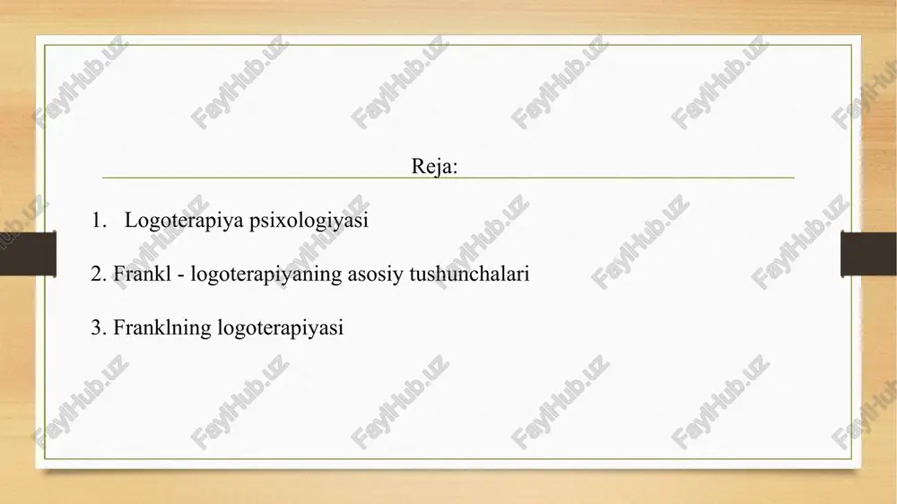 iy emas, ular har bir inson uchun uning hayotining har bir lahzasida o'ziga xosdir va hayotning mazmuni har doim inson tomonidan uning qobiliyatlarini amalga oshirishi bilan bog'liq, ammo ma'noga ega bo'lish va amalga oshirish har doim tashqi dunyo bilan bog'liq , insonning ijodiy faoliyati va uning samarali yutuqlari bilan. frankl chuqur psixoanalitik yo'nalishlardan uzoqlashib, eng yuqori aqliy tajribalarni tushunishga va ular haqidagi bilimlardan terapiya uchun foydalanishga intildi. u noogen nevrozlarga (hayotning ma'nosini yo'qotish bilan tavsiflanadi) alohida e'tibor qaratdi va insonning borliq ma'nosini egallashga bo'lgan intilishini ochib berishni maqsad qilib qo'ydi, terapiyani "ekzistensial vakuum" - bo'shliq hissi va ma'nosizlik, shuningdek, "inson mavjudligining fojiali uchligi" ning haddan tashqari bosimini engish - azoblanish, aybdorlik va o'lim. franklning fikriga ko'ra, hayotning mazmuni haqidagi savol inson uchun tabiiydir va inson uni topishga intilmasligi va bunga olib boradigan yo'llarni ko'rmasligi haqiqatdir, bu psixologik qiyinchiliklarning asosiy sababi. va hayotning ma'nosizligi va foydasizligi yo'qligi bilan bog'liq salbiy tajribalar. …