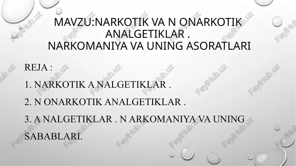 gʻ riklarda, mialgiya(muskullar yalligʻ lanishi )d a , tish va bosh ogʻ rigʻ ida , artralgiyada ishlatiladi. nonarkotik analgetiklar ogʻ riq qoldirishi bilan bir qatorda isitma tushishiga ham ( istma tushuruvchi dorilar) yordam beradi. k o ʻpchilik nonarkotik analgetiklarning yalligʻ lanishga qarshi t a ʼsiri ham bor (yallig‘lanishga qarshi dorilar). vrach ruxsatisiz bu dorilarni ichmaslik kerak. giyohvandlik ( narkomaniya ) – (yunoncha narke – karaxtlik va maniya – telbalik, jahl, shodhurramlik ) narkotik va narkotik ta’sirga ega bo’lgan moddalarni iste’mol qilish natijasida kelib chiqadigan kasallik. giyohvandlik giyohvand moddalarni doimo qabul qilish natijasida vujudga keladi, chunki ushbu hastalik bilan og’rigan kishining jismoniy va ruhiy holati humorini bosadigan tegishli narkotik modda iste’mol qilishga bog’liq. narkomaniya organizmda chuqur uzgarishlarga sabab bo’ladi va uni tanazzulga olib keladi. kasallik asta -s ekin rivojlanib borib surunkali davom etadi. narkotik moddalar dastlab xursandlik, vaqtichog’lik hotirjamlik hissini uyg’otib, kayf qildirishi sababli iste’mol qilinib bora- bora kasallikka aylanadi. quyidagi …
