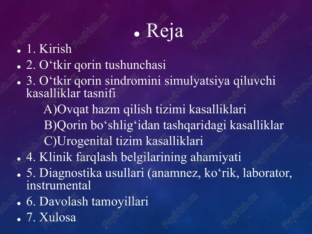 in bo‘shlig‘i a’zolari bilan bevosita bog‘liq bo‘lmagan, yoki u yerda og‘ir organik o‘zgarish bo‘lmagan kasalliklar ham xuddi o‘tkir qorin kabi namoyon bo‘ladi. shunday vaziyatlar “soxta o‘tkir qorin” yoki o‘tkir qorin sindromini simulyatsiya qiluvchi kasalliklar deyiladi. 👉 bu holatlar shifokor uchun juda muhim, chunki: to‘g‘ri farqlash ortiqcha jarrohlikdan qutqaradi; vaqtida aniqlansa, asosiy kasallikni to‘g‘ri davolash imkonini beradi. tasnifi 1. ovqat hazm qilish tizimi kasalliklari o‘tkir gastrit, gastroenterit o‘tkir pankreatit gepatitlar ichak spazmlari 2. ekstraabdominal (qorin bo‘shlig‘idan tashqaridagi) kasalliklar miokard infarkti (diafragmal shakli qorin og‘rig‘i bilan namoyon bo‘ladi) pnevmoniya, plevrit pnevotoraks aorta anevrizmasi yorilishi 3. urogenital tizim kasalliklari buyrak sanchig‘i (renal kolika) piyelonefrit, sistit ektopik homiladorlikning yorilishi tuxumdon kistasi yoki uning burilishi adneksit, salpingit asosiy klinik farqlash belgilarini 1. jarrohlikdagi o‘tkir qorin (haqiqiy) og‘riq – ko‘pincha birdan, juda kuchli boshlanadi. qayt qilish – og‘riqdan keyin paydo bo‘ladi. qorin muskullari tarang (“taxta qorin”). peritonit belgilari – shchetkin–blumberg, qorin bosilganda og‘riqning keskin kuchayishi. ichak …