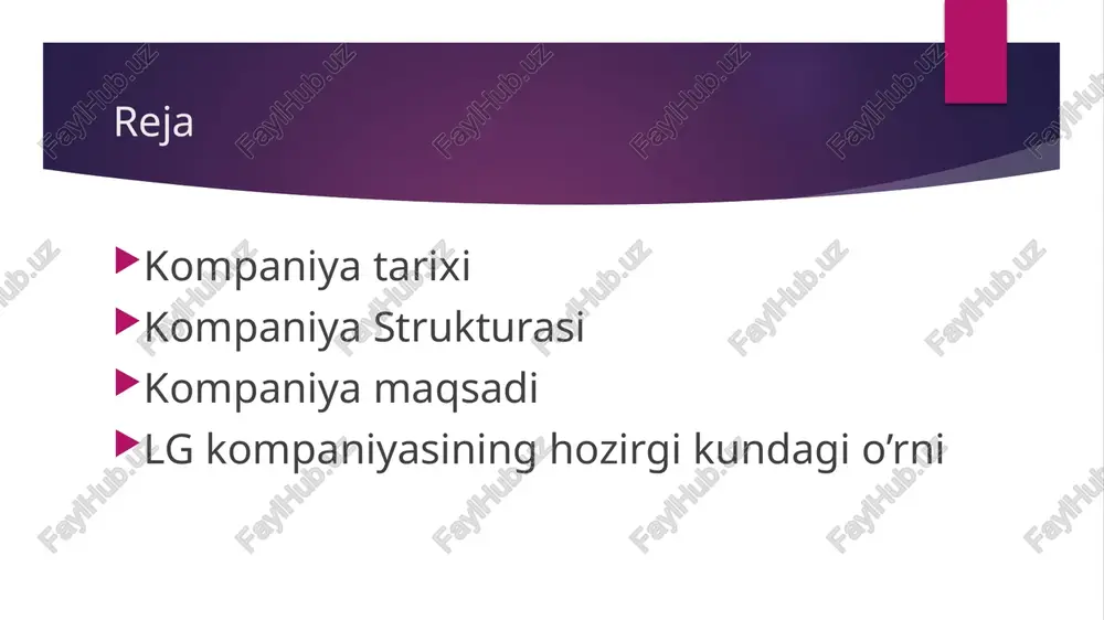 di. jahon bo‘ylab kompaniya 115 filiallari, jumladan, 84 sho‘ba korxona firmalarida 84 mingdan ortiq xodim mehnat qiladi. moliyaviy holati lg kompaniyasi beshta bo‘linma: home entertainment, home appliance, air conditioning, business solutions va mobile communications’dan tashkil topgan, jahon bo‘yicha umumiy savdo hajmi 2021-yilda 64,7 mlrd. aqsh dollarini tashkil etdi. lg electronics jahonda yupqapanelli televizorlar, audio va video mahsulotlar, mobil telefonlari, havo kondisionerlari hamda kir yuvish mashinalari ishlab chiqarish bo‘yicha yetakchi hisoblanadi. lg kompaniya tarixi namunalari 1947yilda.ko inxva (koo in-hwoiuncha katta bo'lmagan kimyoviy va kosmetik mahsulot ishlab chiqaradigan ,, lak hui chemical industries"firmasini ochgan.firmaning ilk mahsuloti yuz uchun krem edi. 1952-yilda koreyada birinchi bo'lib plasmassa ishlab chiqara boshladi 1954-yilda ,,lucky nomli tish pastasi ishlab chiqara boshladi 1959-yilda koreyada birinchi bolib tranzistorli radiopriomnik ishlab chiqara boshladi 1965 goldstar birinchi muzlatgich 1966 koreyada birinchi oq qora televizor ishlab chiqardi 2009 lg dunyoda telefon ishlab chiqarish boyicha3-oringa chiqib oldi 2010 lg dunyoda 1-bolib 2yadroli telefon …