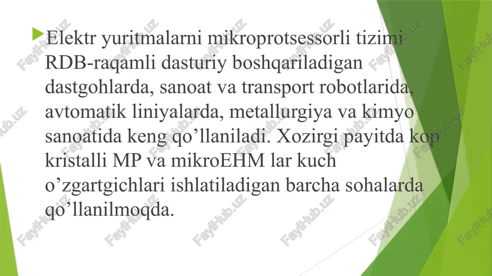 talari bor? eyning mikroprotsessorli boshqarish tizimlari izohlang. mikroprotsessorli boshqariladigan eyni funktsional sxemalari chizing. raqamli impuls-fazali boshqarish tizimi (sifu) nima? keng – impulsli o’zgartgich (ship) nima vazifa bajaradi? raqamli dasturiy boshqariladigan (rdb) qadamli ey tushunchasi. qadamli eyni mp – mikroprotsessorli boshqarish sxemasi. mp – mikroprotsessorli boshqarish tizimlarini avfzalliklari image1.jpeg /docprops/thumbnail.jpeg marruea 942 mavra elektr yaritmalaring ikropro boshgavshda rostlash kontrlarin tashki