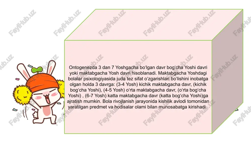yinlari; -muloqot o‘yinlari; -uy mehnati. bog‘cha yoshidagi bolalar nutqni bir muncha to‘la o‘zlashtirganlari va haddan tashqari harakatchanliklari tufayli ularda o‘zlariga yaqin bo‘lgan katta odamlar va tengdoshlari bilan munosabatda bo‘lish ehtiyoji tug‘iladi. ular tor doiradan kengroq doiradagi munosabatlarga intila boshlaydilar. ular endi bog‘chadagi o‘rtoqlari va qo‘ni-qo‘shnilarning bolalari bilan ham jamoa bo‘lib o‘ynashga harakat qiladilar. . maktabgacha yoshidagi bolalar o‘yinining psixologik xususiyatlari ma’lumki, bolaning yoshi ulg‘ayib, mustaqil harakat qilish imkoniyati oshgan sari, uning atrofidagi narsa va hodisalar bo‘yicha dunyoqarashi kengayib boradi. maktabgacha yoshdagi bolalarning etakchi faoliyati o‘yindir. bu yoshdagi bolalarning o‘yinlarini uchga bo‘lish mumkin: 1)predmetli o‘yinlar(15-20 minut o‘ynaladi); 2)syujetli-rolli o‘yinlar (30-60 minut o‘ynaladi); 3) qoidali o‘yinlar (1soatdan -2kungacha davom etishi mumkin). ushbu yosh davri taraqqiyot uchun zarur bo‘lgan ikkita faoliyat turining boshlanishi bilan bog‘langan: mehnat va o‘qish. bu yoshdagi bolalarning o‘yin, mehnat va o‘qishni o‘zlashtirishlarini ketma-ketligi bosqichini aniqlash mumkin, bunda maktabgacha yosh davri tahlil maqsadida shartli ravishda 3 ta davrga bo‘linadi: kichik …