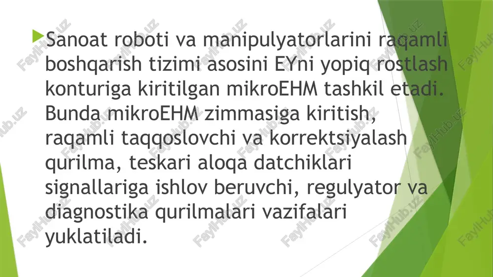 kiritish moduli asosini aro’- analogli raqamli o’zgartgich tashkil etadi, u miroehmni umumiy magistraliga ulanadi. elektr yuritmani siljishini ta’minlovchi signaliga ishlov berish ma’lumoti yuqori darajali ehmga beriladi va u manipulyatorni barcha zvenolairini traektoriyasini rejalshtirib beradi. yuqori darajali ehm bilan ulanish uchun ketma-ket interfeys xizmat kiladi. analogli kiritish moduli patensiometrik datchikni o’zgarmas tok kuchlanishini raqamli kodga o’zgartirish va mikroehmga kiritish uchun xizmat kiladi. 10v kirish kuchlanishi aro’ analog-raqamli o’zgartgich yordamida 100mks davomida 11 razryadli ikkilik kodiga aylantirib beradi. aro’ analog-raqamli o’zgartgich 16 kanalli analog signallar multiplesor va kuchaytirgichni o’z ichiga oladi. fotoimpulsli datchikni signallarini impulsli ketma-ketligini qabul qilish va ularga ishlov berish idam aloqa modulida amalga oshiriladi, u dvigatel valini aylanish yo’nalishini aniqlab beradi. xotira yacheykasi bilan ma’lumot almashuvining maksimal chastotasi dvigatelni aylanish tezligi va fid fotoimpulsli datchigi parametriga bog’liq bo’ladi. nazorat savollari: ehm bilan bhm ning farqi nimada? ehm arxitekturasi deganda nima tushuniladi? abmpt qanday asosiy uzellardan iborat? xotira qurilmasi qanday …