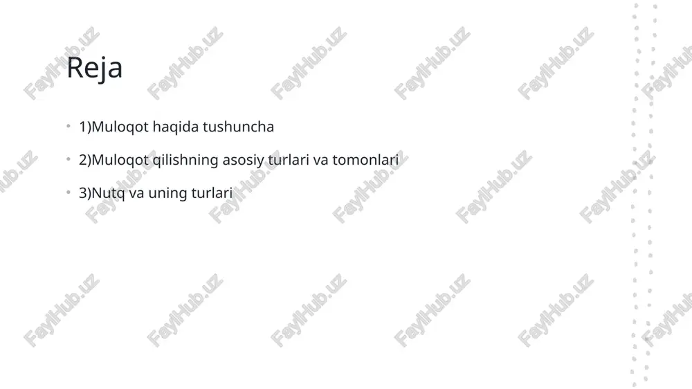 , muloqotda qatnashuvchining fikrini, hissiyatlarini va fikrlarini e'tibor bilan eshitishni anglatadi. uchrashuv uchrashuv, boshqa insonlarga qarshi turli muloqot turlarida o'z fikrini ifodalash usuli. bu o'z fikrlarini boshqalarga yetkazishning eng samarali usuli. digital muloqotning to'rt turi. digital muloqotning to'rt turi shu jumladan iborat: elektron pochtalar, ijtimoiy tarmoqlar, videomuloqot, va onlayn konferensiyalar. ular kompyuterlar, smartfonlar, va internet orqali amalga oshiriladi. photo by noizy bull on unsplash muloqotning madaniy boyliklari. tarixiy muloqotning boyliklari san'at muloqotning rivojlanishi ma'naviy muloqotning o'ziga xosliklari tarixiy muloqotning madaniy boyliklari uning davrining insonlar o'rtasida o'zaro muloqotning shakllanishida o'z ahamiyatini ko'rsatadi. san'at muloqotning madaniy boyliklari shaxsiy ifoda usullari, musiqa, rassomlik va boshqalar orqali tarqatiladi, insonlar o'rtasida munosabatlarni kuchaytiradi. ma'naviy muloqotning madaniy boyliklari insonlar o'rtasida umumiy manaviy qadriyat, ro'yobga chiqish, aql va his-tuyg'ularning bir-biriga etkisi va o'ziga xosligi bilan bog'liqdir. nutqning turlari va ularga misollar 1 verbal nutqning verbal turida gaplashuv, nutqda izohlar, so'zlar va til o'z ifodalari orqali olib boriladi. …