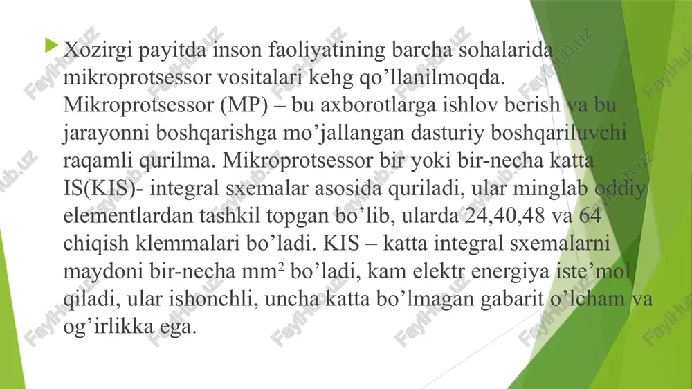 mpt-mikroprotsessor tizimini struktura sxemasi mpt mikroprotsessor tizimi quyidagi bloklardan iborat bo’ladi: mp – mikpoprotsessor; ozu – operativ xotira qurilmasi; pzu – doimiy xotira qurilmasi; iu – interfeys qurilmasi; us – tashqi ob’ekt bilan aloqa qurilmasi; vzu – tashqi xotira qurilmasi; uvv – kirish-chiqish qurilmasi; osh – umumiy shina; shd – ma’lumotlar shinasi; shu – boshqarish shinasi; sha – manzillar shinasi. ozu operativ xotira qurilma va pzu doimiy xotira qurilmalar dasturlar ma’lumotlari va ishlov berilgan natijalarni saqlash uchun xizmat qiladi. uvv kirish-chiqish qurilmasi inson bilan mpt o’rtasida aloqa qilishga mo’jlallangan, ularga klaviatura, printer, grafik qurish moslamasi, display va boshqalar kiradi. us aloqa qurilmasi tashqi ob’ektlar bilan ishlash uchun qo’llaniladi, ular sifatida yc1 va yc2 elementlar: atsp – analog-raqamli o’zgartgich va tsap – raqamli-analog o’zgartgichlar ishlatiladi. iu interfeys qurilmasi bu electron sxemalar, shina va algoritmlar to’plami bo’lib, ular mp va tashqi qurilmalar bilan birgalikdagi ishini ta’minlaydi. mpt o’zining xarakteristikalari va qo’llanilishiga ko’ra …