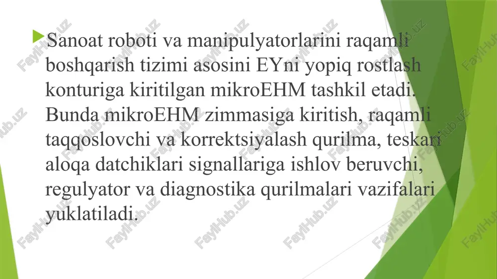 kiritish moduli asosini aro’- analogli raqamli o’zgartgich tashkil etadi, u miroehmni umumiy magistraliga ulanadi. elektr yuritmani siljishini ta’minlovchi signaliga ishlov berish ma’lumoti yuqori darajali ehmga beriladi va u manipulyatorni barcha zvenolairini traektoriyasini rejalshtirib beradi. yuqori darajali ehm bilan ulanish uchun ketma-ket interfeys xizmat kiladi. nazorat savollari: ehm bilan bhm ning farqi nimada? ehm arxitekturasi deganda nima tushuniladi? abmpt qanday asosiy uzellardan iborat? xotira qurilmasi qanday parametrlar bilan xarakterlanadi? sifuni asosiy vazifasi nima? mikroehm lini asosiy funktsional uzellarini aytib bering. image1.png n3y ee, g| | cuctemhoe 4k x 16 /docprops/thumbnail.jpeg