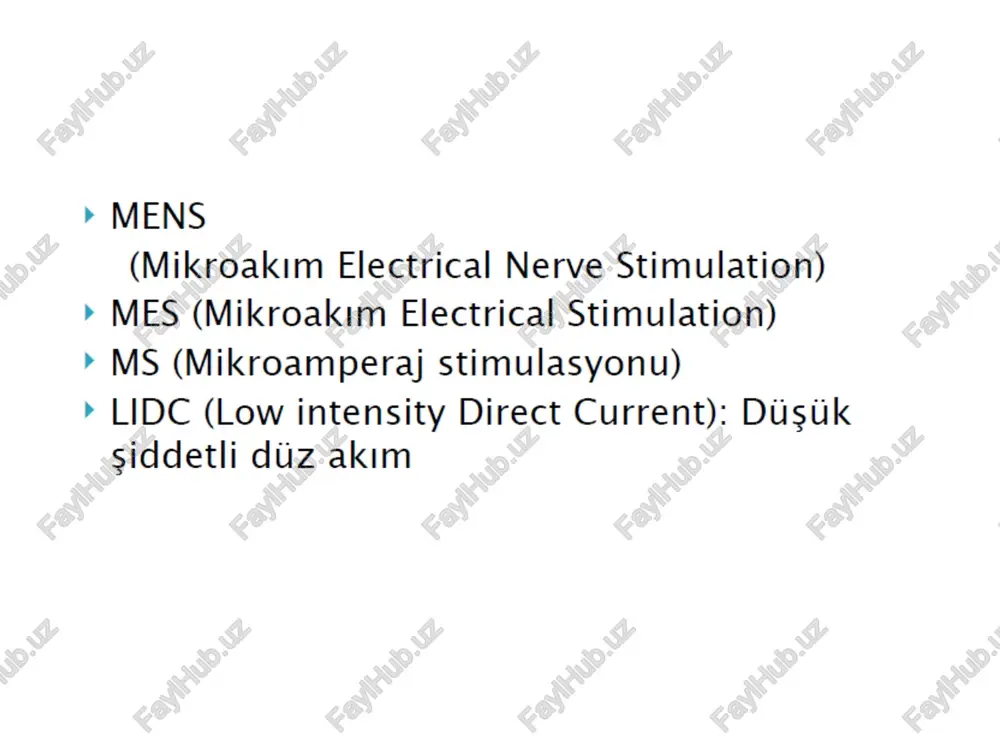 ikli akimlar » mikroamper dizeyinde tedavi: (mikroamperaj tedavisi) fizyolojik etkiler- deri > becker, saglikli insan derisinde stratum corneum ve dermis tabakalari arasinda var olan bioelektriksel diz akimin dokunun saglikli kalmasinda 6nemli oldugunu ileri surmustur. » yaralanma ile bu bélgedeki elektriksel degisiklikler olur: yaralanma akimi > mes tedavisi ile elektriksel denge saglanir ve iyilesmeye destek olunur. fizyolojik etkiler- deri » hayvanlarda, insanlara gore daha fazla kendiliginden iyilesme kapasitesi vardir, yani insan vucudundaki elektriksel denge yara iyilesmesinde daha az etkin rol oynamaktadir. > daha etkin bir elektriksel dagilim doku iyilesmesinde yardimci olacaktir. mes biyolojik elektriksel akimlari taklit ederek, yara iyilesmesini artirir. fizyolojik etkiler- deri » notrofil, makrofaj ve fibroblast gibi hticreler yara iyilesmesinde rol alan, anahtar hucrelerdir. > pozitif ve negatif yukler tasirlar. » mes uygulamasi ile yara bélgesine cekimin arttigi gosterilmistir. mikroakim ws dev. 1 /kesikli akim yara bélgesinde taklit edilmis deri elektriksel doku granulasyonu, bakteriotik etki, epitel granilasyonu saglayan hicrelerin …
