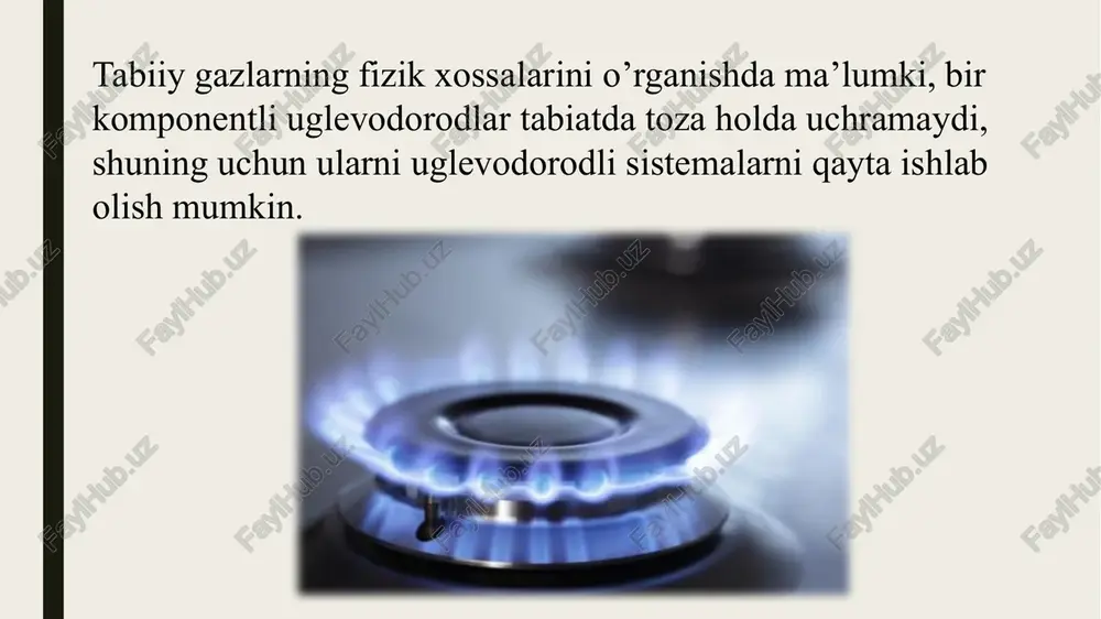 propan uchun 2,4% va 9,5% ; og’irroq uglevodorodlar bug’lari uchun bunday miqdor yanada kam. neft gazlari kimyo sanoatida va maishiy ehtiyojlar uchun juda qimmatli xom ashyo hisoblanadi. gaz yoqilg‘ining standart talablari bo‘yicha tarkibi va sifati har qanday gaz yoqilg‘isi bir qancha oddiy gazlardan tashkil topgan bo‘ladi. bu gazlar ikki turga bo‘linadi: yonuvchi gazlar va yonmaydigan gazlar. yonuvchi gazlar va yonmaydigan gazlar. yonuvchi gazlar qatoriga vodorod (h2), uglerod oksidi (co), metan (ch4), etan (c2h6), propan (c3h8), butan (c4h10) kiradi. image1.jpeg image2.jpeg image3.png image4.jpeg image5.jpeg image6.jpeg image7.jpeg image8.png ass 6 gazli gazni qayta ishlash zavod) no | nomlanishi formulasi t mean ch. 2) etan| he 3 propan cts 4) butan cals ‘s| pentan ch 6) geksan coh 7) geptan. cle 8) oktan coh 9) nowan cols 10 | deka cooks /docprops/thumbnail.jpeg rela lnonuvchi gezlarva ularning turer 2.nonuvchi gezlerningtizik va kimyoviy >ususiyatar. 3.nonuvchi gezlartarkibi.