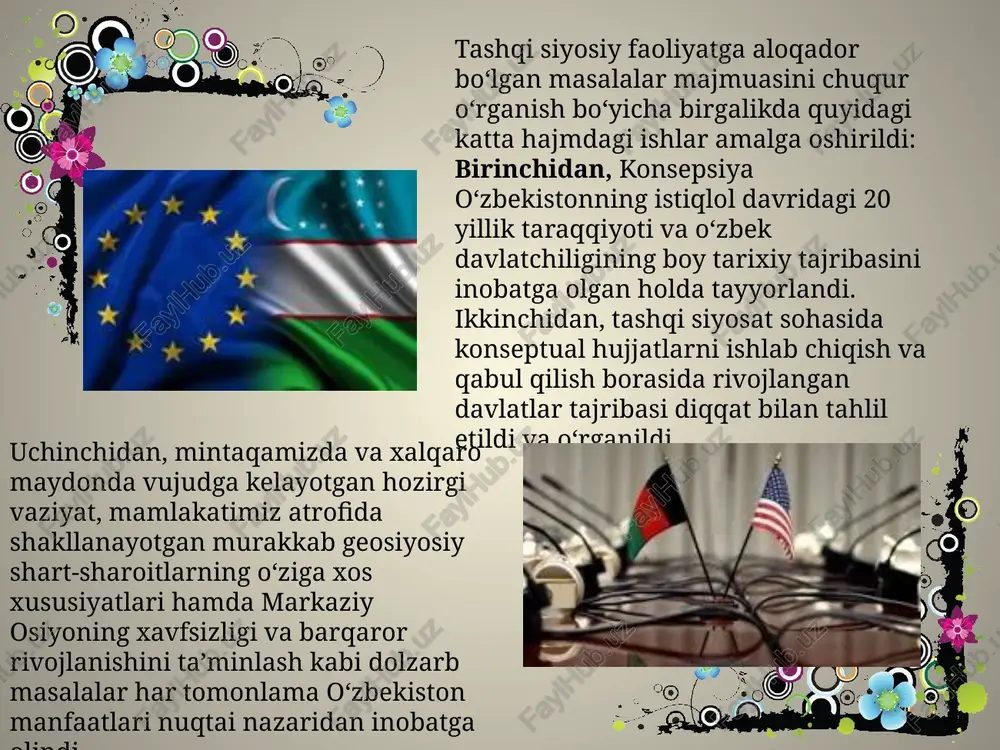 yurtimizda ijtimoiy yo‘naltirilgan bozor iqtisodiyotiga hamda fuqarolik jamiyatiga asoslangan ochiq demokratik davlat qurish vazifalarini amalga oshirishni davom ettirish uchun imkon qadar qulay tashqi sharoitlarni yaratish talablariga javob beradi. to‘rtinchidan, tashqi siyosiy va iqtisodiy faoliyatni tartibga soluvchi mamlakatimiz qonunlari va boshqa huquqiy hujjatlar, davlatimiz tomonidan qabul qilingan xalqaro shartnomalar mukammal ravishda inventarizatsiya qilindi. o‘zbekiston respublikasining tashqi siyosiy faoliyati konsepsiyasi – davlatimiz tashqi siyosatining fundamental prinsiplari va strategik ustuvor yo‘nalishlarini, xalqaro maydondagi maqsad va vazifalarini, o‘rta va uzoq istiqbolda o‘zbekiston milliy manfaatlarini ilgari surish mexanizmlarini belgilab beradigan qarashlarning yaxlit tizimi. dunyoda to‘xtovsiz davom etayotgan “geosiyosiy o‘yinlar”, tobora jadal tus olib borayotgan “geosiyosiy raqobat” jahondagi keskinlik va strategik mavhumlikni kuchaytirayotganligiga e’tibor qaratilgan. ayrim xalqaro subyektlarning qisqa muddatli va tor doiradagi manfaatlarni ko‘zlovchi shoshma-shosharlik bilan amalga oshirilayotgan tartibsiz harakatlari xalqaro huquqning fundamental prinsiplari buzilishiga olib kelayotgani ta’kidlab o‘tilgan. – o‘zbekiston respublikasi davlatning, xalqning oliy manfaatlari, uning farovonligi va xavfsizligini ta’minlash maqsadidan kelib chiqib, mamlakatni …