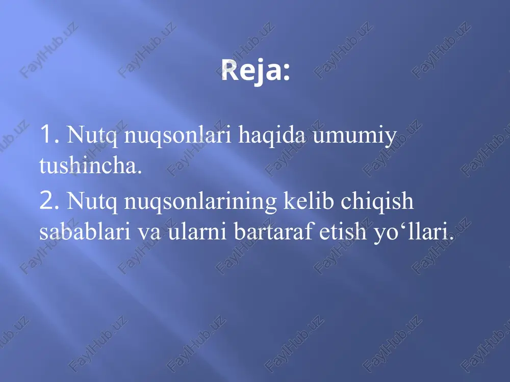 dlarini takomillashtirish. 10. logopedik yordamni tashkil etish masalalarini ishlab chiqish. nutq buzilishlarini yuzaga keltiruvchi sabablar tashqi (ekzogen) sabablar atrof muhitning tashqi sharoitlari ichki (endogen) sabablar bolalardagi nutq nuqsonlarining asosiy sabablari embrion rivojalanish davridagi turli xil patologiyalar; homiladorlik vaqtidagi toksikozlar, virusli va endokrin kasalliklar, jaroxatlar, qonning rezus-faktorga mos kelmasligi; tug‘ruq vaqtidagi shikastlanish va asfiksiya; bola rivojlanishining birinchi yilidagi bosh miya kasalliklari; miyaning chayqalishi bilan birga sodir bo‘ladigan bosh miya jaroxatlari; nasliy faktorlar; sosial-maishiy sharoitning yomonligi. bosh miya qobig’idagi nutq faoliyatida ishtirok etuvchi analizatorlar nutq harakat analizatori nutq ko’ruv analizatori nutq eshituv analizatori nutq harakat analizatori bosh miya qobig'ining chap peshana qismida joylashgan bo'lib, broka markazi deb ataladi. bu qism og'zaki nutqning paydo bo’lishida qatnashadi. nutq eshituv analizatori bosh miya qobig'ining chap chakka qismida joylashgan bo’lib, vernike markazi deb ataladi. bu qismda begona nutqni qabul qilish jarayoni ro'y beradi. nutqni tushunishda bosh miya qobig‘ining orqa bo'lagi katta rol o‘ynaydi. bosh miyaning ko'ruv …