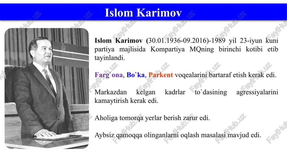 tasi qonuniy ravishda o`zbekiston tasarrufiga olindi. o`zbekiston respublikasi oliy kengashi 1991-yil 26 avgust kuni o`zbekistonning davlat mustaqilligi to`g`risida qonun loyihasini tayyorlash hamda 31 avgustda oliy kengash sessiyasini chaqirishga qaror qildi. mustaqillik qonuni mustaqillikni e’lon qilinishi o`zbekiston oliy kengashining xii chaqiriq navbatdan tashqari vi sessiyasi 1991-yil 31 avgustda o`z ishini boshladi. 1 sentyabr o`zbekiston respublikasining mustaqillik kuni deb belgilansin va 1991-yildan boshlab bu kun bayram va dam olish kuni deb e'lon qilinsin, deb qat'iy belgilab qo`yildi. mustaqillik yillari image1.png image2.jpeg image3.jpeg image4.jpeg image5.png image6.jpeg image7.jpeg image8.jpeg image9.jpeg image10.jpeg image11.jpeg image12.jpeg image13.jpeg image14.jpeg image15.jpeg /docprops/thumbnail.jpeg ‘toshkent shahridagi ‘yodju texnikainstitutl zbekiston mustagillikka erishish ostonasida
