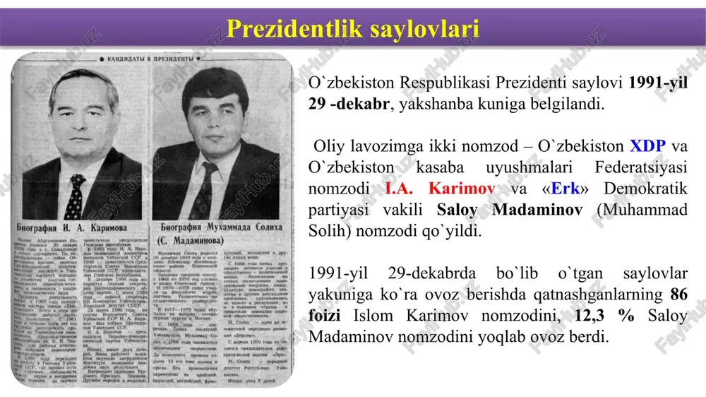 i, o'n ikkinchi chaqiriq o'zbekiston respublikasi oliy kengashining x sessiyasida 1992— yil 2-iyulda qabul qilindi. gerbning markazida qanotlarini keng yozib turgan xumo qushi tasvirlangan. bu baxt-saodat va erksevarlik ramzidir. qadim-qadim zamonlardan buyon xumo qushi o'zbek xalqi orasida odamlarni baxt-saodatga yetaklovchi kuch ramzi sifatida e’zozlab kelingan. davlat ramzlari o'zbekiston respublikasining davlat madhiyasi o'n ikkinchi chaqiriq o'zbekiston respublikasi oliy kengashining xi sessiyasida 1992-yil 10-dekabrda qabul qilindi. davlat madhiyasining matni o'zbekiston xalq shoiri abdulla oripov, musiqasi o'zbekiston xalq bastakori mutal burhonov tomonidan tayyorlangan. milliy valyuta o'zbekiston 1991-1993- yillarda sobiq itttifoqdan meros qolgan rubl zonasida bo'ldi. biroq ishlab chiqarishning pasayishi natijasida rublning qadri ham tushib bordi. o'zbekiston muomalaga milliy valyuta kiritish ishiga jiddiy kirishdi. 1993-yil 1-noyabrda o'zbekistonda so’m-kupon muomalaga kiritildi, uning kursi oldin muomalada bo'lib kelgan rublga tenglashtirilgan edi. milliy valyuta o'zbekiston prezidentining 1994-yil 16-iyunda e’lon qilingan “o'zbekiston respublikasining milliy valyutasini muomalaga kiritish to 'g ‘risida”gi farmoniga muvofiq, 1994— yil 1-iyulidan boshlab o'zbekiston respublikasining …