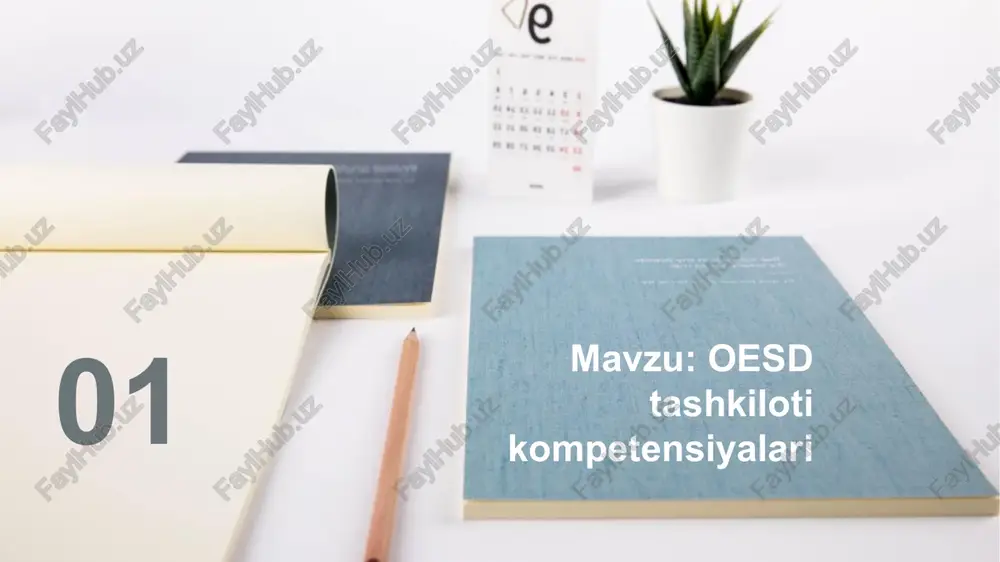 adi. step 01 step 02 step 03 step 04 step 05 step 06 oesdning mashhur loyihalari va indekslari: 1. pisa (programme for international student assessment) 15 yoshli o‘quvchilarning bilim darajasini xalqaro baholash dasturi (matematika, o‘qish va fanlar bo‘yicha). 2. better life index turmush sifati, sog‘liq, xavfsizlik, atrof-muhit, ta’lim va ish muhitini baholaydi. 3. tax revenue statistics a’zo davlatlardagi soliq tushumlari bo‘yicha ma’lumotlar. 4. oecd economic outlook jahon iqtisodiyoti bo‘yicha prognozlar va tahlillar. oesdning ishlash prinsipi: majburiy qonun chiqarish organi emas. tavsiyaviy xususiyatga ega siyosat va hisobotlar tayyorlaydi. a’zo davlatlar o‘zaro yaxshi tajribalarni almashadi va xalqaro standartlar ishlab chiqiladi. image1.jpeg image2.jpeg image3.jpeg image4.jpeg image5.jpeg image6.jpeg image7.jpeg image8.jpeg image9.jpeg image10.jpeg image11.jpeg the future is in my hands, it's totally up fo me. try and fail.but don't tail to try right click and change picture