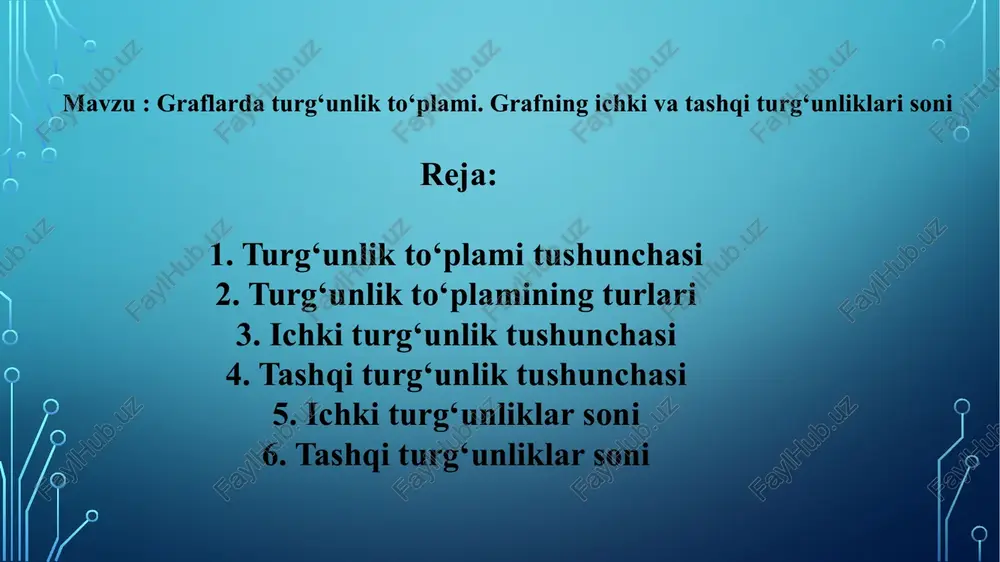 nlar bilan aloqadorlik tekshiriladi. misollar bilan tushuntirish graf tugunlari: a, b, c, d, e qirralar: (a-b), (b-c), (c-d), (d-e) turg‘unlik to‘plamlari misollari: {a, c, e} — ichki turg‘unlikka ega (ular orasida qirra yo‘q). {b, d} — ham ichki, ham tashqi turg‘unlik bo‘lishi mumkin. {a, d} — ham turg‘unlik to‘plami bo‘lishi mumkin, chunki ular orasida aloqa yo‘q. xulosa : turg‘unlik to‘plamlari orqali grafning ichki strukturasini o‘rganish mumkin. ichki va tashqi turg‘unlik tushunchalari yordamida: — resurslar taqsimoti, — parallel jarayonlar, — aloqa tarmoqlari modellashtiriladi. diskret matematika va algoritmlar sohasida katta ahamiyatga ega. image2.png /docprops/thumbnail.jpeg maven grand erent pam grange “ara! nar sn frain om disk ima rotmjonas ate