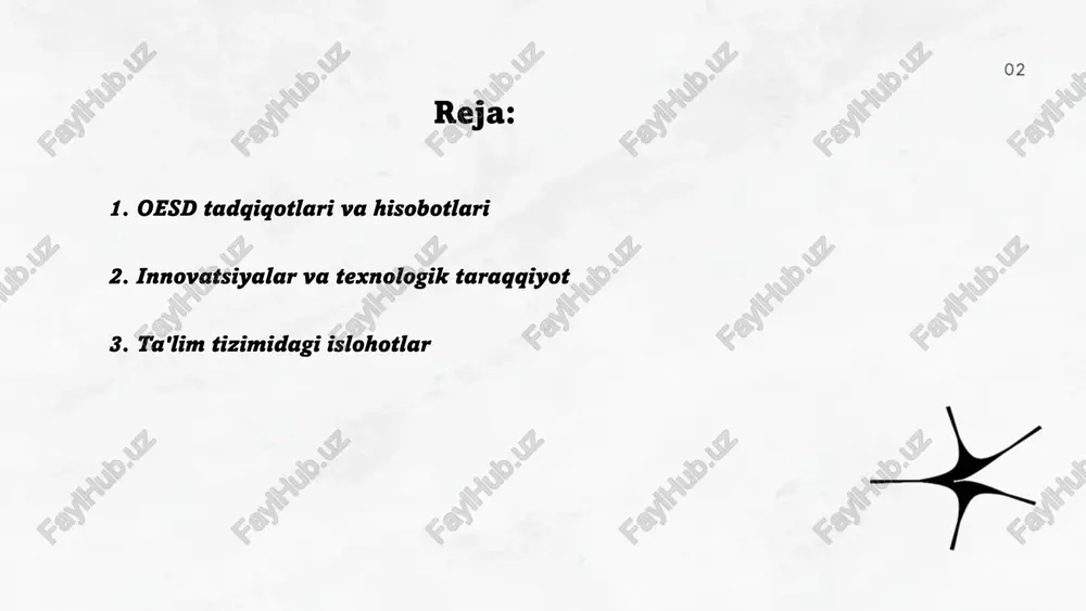ayyorlov kurslariga 50 mingdan ortiq yoshlar jalb qilingan. raqamli infratuzilma rivojida esa, 3 mingdan ziyod maktab va kasb-hunar kollejlari yuqori tezlikdagi internet bilan ta'minlandi. ... t.me/slaydai_bot o‘zbekistonda ta'lim tizimidagi so‘nggi islohotlar ko‘proq malakali kadrlar tayyorlashga yo‘naltirilgan. 2023-yilda oliy ta'lim qamrov darajasi 38 foizga yetkazildi. maktabgacha ta'lim qamrovi 65 foizga oshirildi va 2025-yilgacha uni 75 foizga yetkazish rejalashtirilgan. milliy kurikulumni yangilash ham oldinda turadi, hozirda mavjud 630 ta maktabda stem yo‘nalishlari joriy qilindi. o‘quv sifatini oshirish uchun qo‘shimcha 5 ming nafar pedagog tayyorlanib, yangi texnologiyalar bilan ta'minlash yo‘lga qo‘yildi. shuningdek, xalqaro baholash tizimlariga tayyorgarlik ko‘rilmoqda. 2024-yilgacha maktablarning internet bilan ta’minlanish darajasi to‘liq amalga oshirilishi kutilmoqda. ... t.me/slaydai_bot energetika tizimlari ko'p hollarda atrof-muhitga katta ta'sir ko'rsatadi. 2021 yilda dunyo bo'ylab elektr energiyasining 84% an'anaviy, ya'ni fosil yoqilg'idan olinadi. bu esa yiliga taxminan 33 milliard tonna karbonat angidrid gazi chiqishini keltirib chiqaradi. o'zbekiston energetika sektorida energiya samaradorligi muhim masala bo'lib, 2030 yilga kelib …