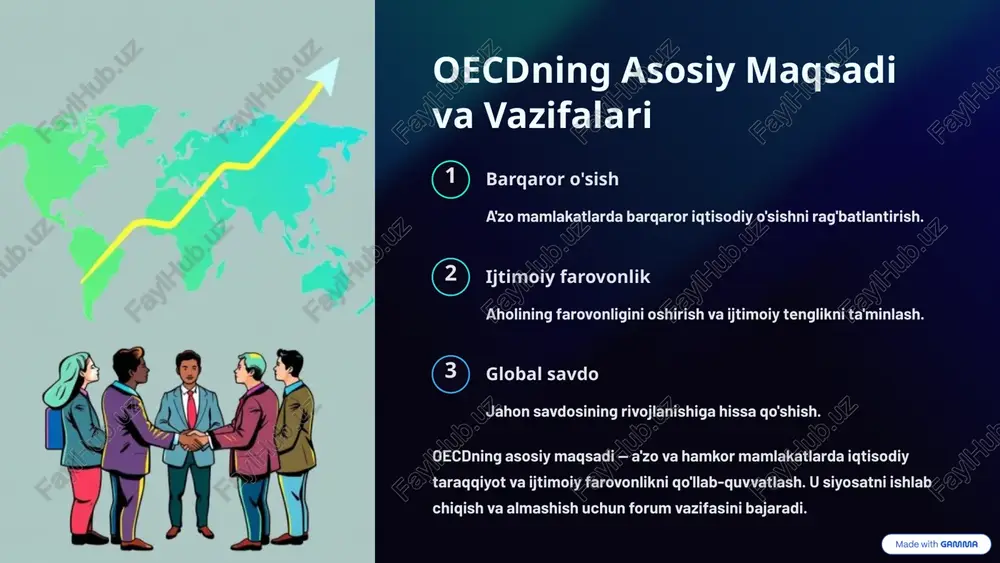 'batlantiradi. oecd makroiqtisodiy siyosat, soliq va raqobat masalalarida chuqur tahlillar olib boradi. bu mamlakatlarga iqtisodiy barqarorlikni ta'minlashga yordam beradi. 5 oecdning ta'lim va mehnat bozoridagi faoliyati ta'lim siyosati pisa dasturi orqali ta'lim sifatini baholash. ta'lim sohasidagi innovatsiyalarni rag'batlantirish. mehnat bozori ishsizlikni kamaytirish strategiyalarini ishlab chiqish. ishchi kuchining ko'nikmalarini oshirish. oecd ta'lim sifatini oshirish va mehnat bozoridagi muammolarni hal etishga yordam beradi. pisa dasturi orqali ta'lim tizimlarining samaradorligini o'rganadi. 6 oecdning atrof-muhitni muhofaza qilish sohasidagi ishlari oecd atrof-muhitni muhofaza qilish, iqlim o'zgarishiga qarshi kurash va yashil iqtisodiyotni rivojlantirishga qaratilgan. yashil iqtisodiyot barqaror rivojlanishga o'tishni qo'llab-quvvatlaydi. suv resurslari suvdan samarali foydalanish bo'yicha tavsiyalar beradi. iqlim o'zgarishi iqlim o'zgarishiga qarshi kurash strategiyalarini ishlab chiqadi. atrof-muhit siyosati ekologik muammolarni hal qilishga yordam beradi. 7 oecdning davlat boshqaruvi va korrupsiyaga qarshi kurash sohasidagi yutuqlari davlat xizmatlari davlat xizmatlarining samaradorligini oshirish. axborot ochiqligi hukumatning shaffofligini ta'minlash. korrupsiyaga qarshi korrupsiyaga qarshi kurash choralarini kuchaytirish. oecd davlat boshqaruvining …
