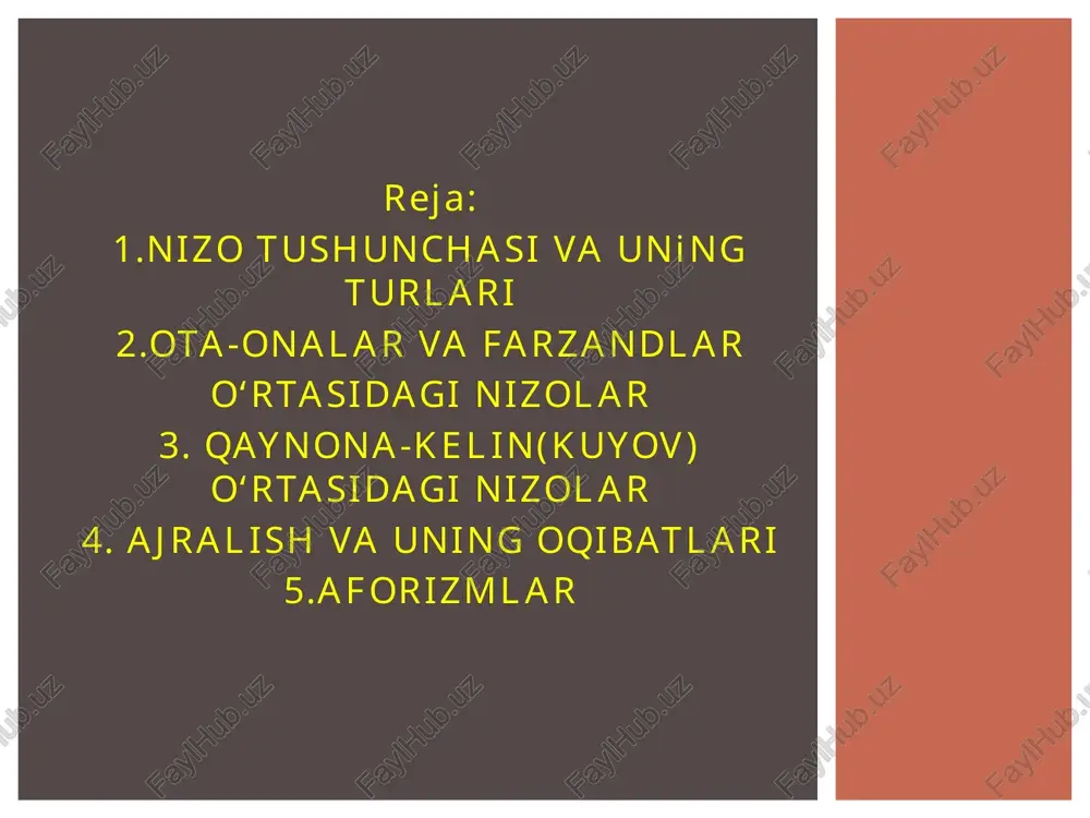 omusni yig‘ishtirib qo‘yib, buzuqchilik qilishi. 4. ba’zi bolalarni mehnat qilishga o‘rgatilmaganligi va buning oqibatida yengil-yelpi hayot kechirishga o‘rganib qolishi. 5. ayrim yoshlarning farzandlik burchini unutib qo‘yishi va hokazo. 6. ota-onalarning psixologik-pedagogik bilim saviyalari yetarli darajada emasligi natijasida yuzaga keladigan kelishmovchiliklar. ota-onalar va farzandlar o‘rtasidagi nizolar ba’zi ota-onalar bolalarda 3, 6, 13—14 yoshlarda muqarrar ravishda bo‘lib o‘tadigan krizislarni bilmaydilar. bu yosh bosqichlarida bola ruhiyatida yangi psixologik qo‘shilmalar oilaga yangi tushgan kelinlarning ko‘pchiligi yuzaga keladigan ba’zi qiyinchiliklarni osonlik bilan yengib, kelinlik vazifalarini ko‘ngildagiday eplab ketadilar, qaynonalariniro‘zg‘or tashvishlaridan xalos qiladilar, tezda ularning mehriga sazovor bo‘ladilar. biroq hayotda qaynona-kelin orasida turli to‘qnashuvlar ham sodir bo‘lib turadi. gap qaynona-kelin o‘rtasida borar ekan, shuni aytib o‘tishimiz lozimki, bu masala azalazaldan odamlarning, insoniyatning atoqli namoyandalarining diqqat e’tiborida bo‘lib kelgan muammolardan biridir. bunday kelishmovchiliklarni keltirib chiqaruvchi sabablardan ayrimlarini ko‘rib chiqamiz. ba’zi qizlarda nikohgacha oilaviy qaynona-kelin munosabatlariga nisbatan salbiy tasavvur shakllangan bo‘ladi. 2. qaynona-kelinning dunyoqarashlari va uy-ro‘zg‘or tutishlari orasida …