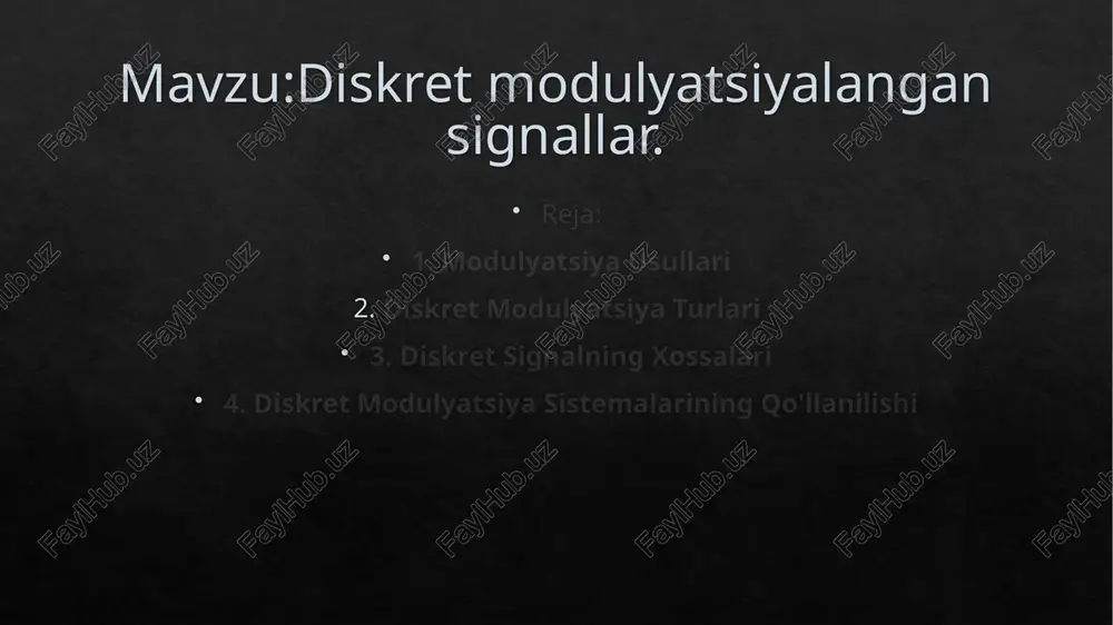 i tufayli am signallari uzoq masofalarni bosib o'tishi mumkin, bu uzoq masofali radioeshittirish va aviatsiya aloqasi kabi ilovalar uchun foydalidir. amplituda modulyatsiyasi ning kamchiliklari pastroq tarmoqli kengligi samaradorligi: am fm yoki raqamli modulyatsiya kabi boshqa modulyatsiya usullariga qaraganda kengroq uzatish tarmoqli kengligini talab qiladi. shovqinga moyil: am signallari shovqin manbalarining shovqinlariga ko'proq moyil bo'lib, ular qabul qilingan signalning sifatini pasaytirishi mumkin. chastotani modulyatsiya qilish (fm) chastotani modulyatsiya qilish (fm) analog modulyatsiya usuli bo'lib, unda tashuvchi to'lqin chastotasi xabar signalining amplitudasiga qarab o'zgaradi, amplituda va faza doimiy bo'lib qoladi. bu shovqin va shovqinlarga nisbatan kamroq sezgir signalga olib keladi va am bilan solishtirganda yaxshilangan audio sifatini ta'minlaydi. fm ning afzalliklari yaxshilangan audio sifati: fm shovqin va shovqinlarga nisbatan kam sezgirligi tufayli am ga qaraganda yaxshiroq ovoz sifatini ta'minlaydi. kattaroq tarmoqli kengligi samaradorligi: fm uzatish uchun am ga qaraganda kamroq tarmoqli kengligi talab qiladi, bu esa uni ma'lum ilovalar uchun samaraliroq qiladi. …