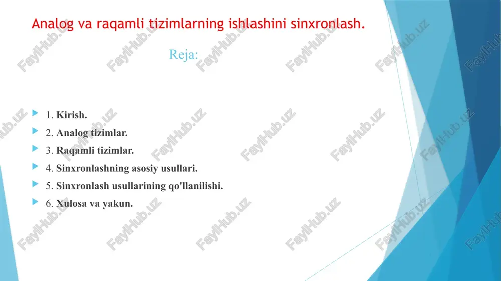 rida o'zgaradi. raqamli tizimlar yuqori darajadagi aniqlik va ishonchlilikni ta'minlaydi, chunki signal faqatgina ikkita qiymatga ega bo'ladi (0 va 1). ular shovqinga nisbatan bardoshlidir va uzoq masofalarga signal uzatishda kamroq yo'qotish yuz beradi. misollar: kompyuter tarmoqlari (internet, ma'lumot uzatish). raqamli telefonlar va mobil qurilmalar. raqamli televizor va raqamli audio tizimlar (cd va dvd). foydalanish sohalari: kompyuter texnologiyalari (ma'lumotni qayta ishlash va saqlash). telekommunikatsiya (raqamli telefon tarmoqlari, internet). elektronika (mikroprotsessorlar, raqamli o'lchov asboblari). sinxronlashning asosiy usullari sinxronlash — bu tizimlarda bir xil vaqt, faza yoki signal uzatishning to'g'riligini ta'minlash jarayoni. analog va raqamli tizimlar o'rtasidagi muvofiqlikni yoki bir nechta tizimlarning bir vaqtda ishlashini ta'minlash uchun sinxronlash zarurdir. sinxronlashning asosiy usullari quyidagicha: analog tizimlarda sinxronlash faza-locked loop (pll) – faza sinxronlash sikli tushuncha: pll (phase-locked loop) — bu analog tizimlarda sinxronlashtirish uchun ishlatiladigan usul bo'lib, u signalning fazasini nazorat qiladi va uni boshqa signal bilan moslashtiradi. pll tizimi signalning fazasini va chastotasini …