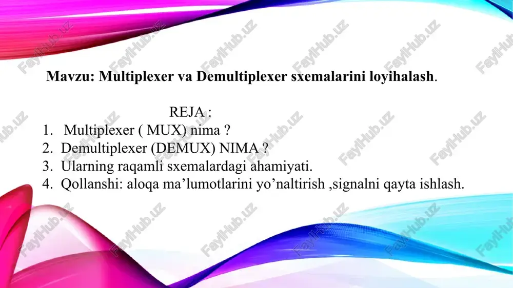 1 y1=d 1 oo y2=d xususiyat funksiya kirish/ chigish tanlash chiziqlari misol multiplex er ko‘pdan birga tanlash ko'p kirish, 1 chiqish kirishni tanlaydi 4-to-1 mux demultip! exer bittadan ko‘pga tarqatish 1 kirish, ko‘p chiqish chigishni tanlaydi 1-to-4 demux multiplexer demultiplexer /docprops/thumbnail.jpeg