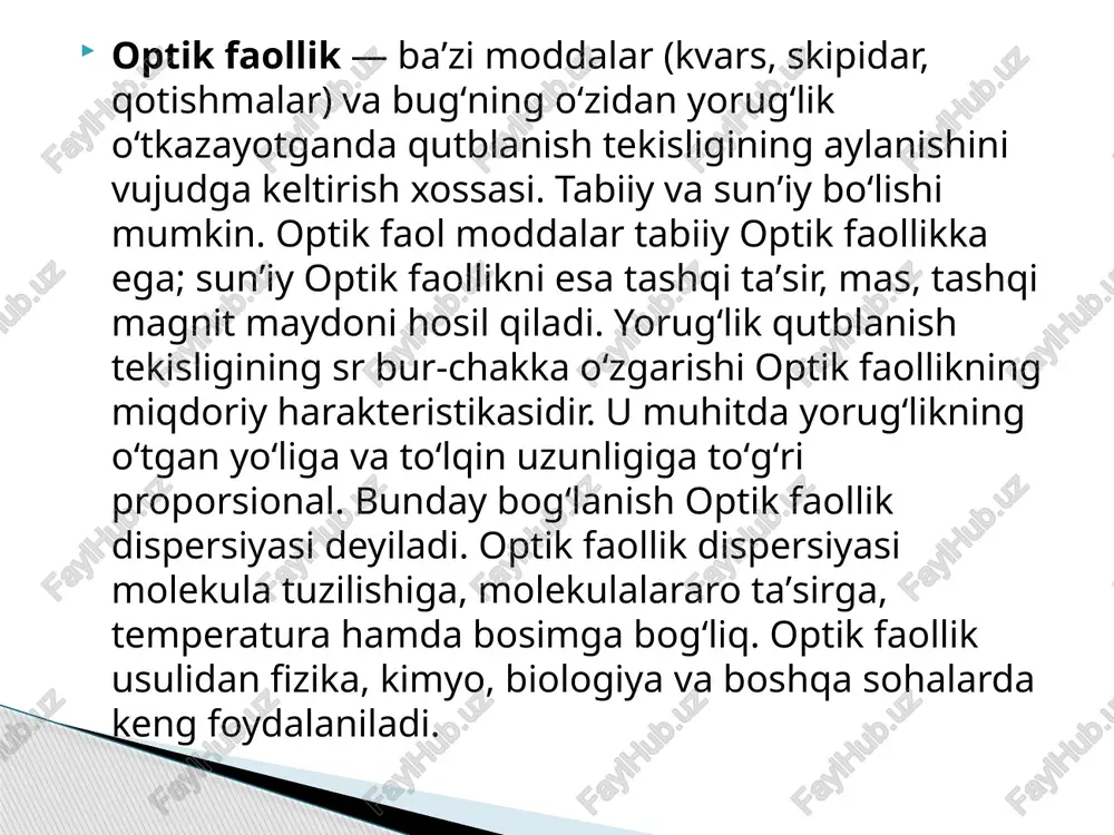 imi boʻlishini aytdi va uning son miqdorini nazariy aniqladi (1873). image1.jpeg image2.jpeg image3.jpeg image4.jpeg /docprops/thumbnail.jpeg abu ali ibin sino nomidagi buxoro davlat tibbiyot instituti mustela mavau: optik aktiv modda lar. polyaritmetriva