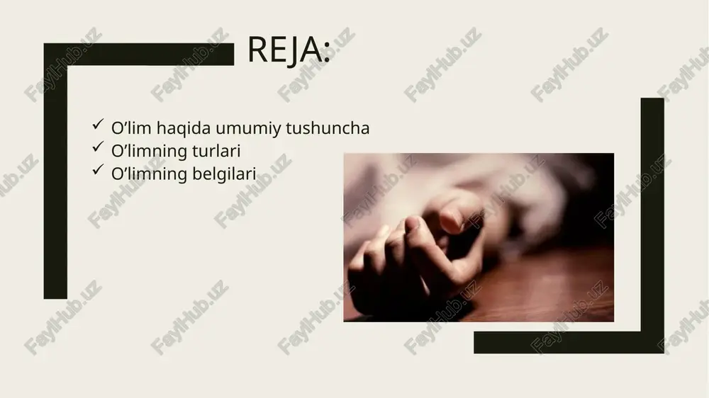 ‘lim haqidagi guvohnoma beriladi tekshiruv o‘tkazilmaydi. organizm yemirilishi (uzoq umrdan so‘ng) yashashga layoqatsizlik (homila). ii. «notabiiy o‘lim»: • g‘ayritabiiy o‘lim:o‘limning bu turi sud tibbiy tekshiruvdan o‘tkaziladi. - mexanik, fizik, ximik va boshqa faktorlar ta’sirida natijasi . • nog‘ayritabiiy o‘lim (kasalliklar sababli): odatdao‘limning bu turi patologoanatomik tekshiruvdan o‘tkaziladi. turli kasalliklar oqibatida bo’ladi o‘lim jarayoni davomiyligiga ko‘ra: tez o‘lim («miya o‘limi») – bir necha minutlar chamasida qayd qilinadi; agonal (poliorgan yoki somatik) o‘lim – bir necha soatlar, sutkalar, xaftalar yoki oylar davomida qayd qilinadi. o’lim belgilari 2 bo’linadi: erta belgilar: murdani qotishi, murda doglari, qonning qayta taksimlanishi, murdani qurishi, autoliz. kechki belgilari: murdani yemirilishi, chirishi. ertangi belgilar murdani sovushi – 16-18osda soatiga bir gradusdan pasayadi, past temperaturada u tezrok, yukorida sustrok, gipertermiya bilan ulganida xam sekinrok buladi. murda doglari – konni kayta taksimlanishi natijasida gorizontal tana satxidan pastda venoz tomirlarda o’limdan 2 soat utganidan keyin kukimtir-binafsha kurinishda paydo buladi, 3ta boskichda uzgaradi: …