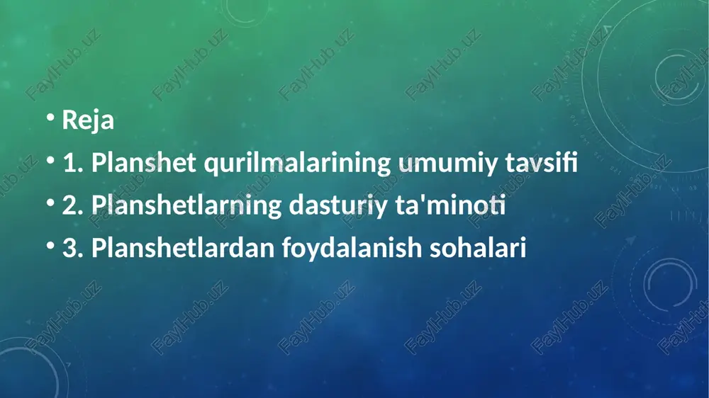 dilar. tibbiyot va boshqa sohalarda- bemorlar haqidagi ma’lumotlarni saqlash va kuzatib borish.- diagnostika dasturlaridan foydalanish. - gps va xaritalar orqali navigatsiya. - ijtimoiy tarmoqlar va ko‘ngilochar platformalarda faoliyat. xulosa planshetlar zamonaviy hayotning ajralmas qismiga aylangan. ular orqali ta’lim, biznes, tibbiyot va ko‘ngilochar sohalarda samarali ishlash mumkin. dasturiy ta'minotlar ularning imkoniyatlarini yanada kengaytiradi. image2.png image3.png image4.jpg image5.jpeg image6.jpg image7.jpg /docprops/thumbnail.jpeg omprute nines seen yona
