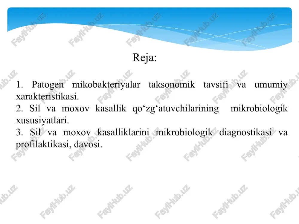 orf bo‘ladi: tayoqchasimon, donador, ipsimon, kokksimon formalari uchraydi. ularda mikrokapsula bor, spora hosil qilmaydi, harakatsiz. sil mikobakteriyalarida moy, mikol kislotalari, fosfatidlar ko’p bo’lganligi uchun kislota va ishqorlarga uchun bo’lib, sil-nilsen usulida qizil rangga bo’yaladi. glitserin qo‘shilgan kartoshkali va tuxumli muhitlarda (pavlovskiy, petrov, petranyani va dorse muhitlarida aerob o’sadi. qurigan balg‘amda ular 10 oygacha yashaydi. 70ºc temperaturaga 20 daqiqa davomida, qaynatishga esa 5 daqiqa bardosh beradi. sil tayoqchalari oqar suvlarda 1 yilgacha, sariyog‘da 8 oy, tuproqda 6 oygacha, kitob varaqlarida 3 oydan ortiq saqlanadi. moxov (xansenioz, lepra) butun organizmni, xususan teri, nerv sistemasi hamda ichki a’zolarni zararlaydigan surunkali infeksion kasallik. moxov mikobakteriyalari to‘g‘ri yoki bir oz egilgan tayoqcha shaklida bo‘lib, uzunligi 1–8 mkm, eni 0,2–0,5 mkm, bir uchi ikkinchisiga nisbatan yo‘g‘onroq bo‘lishi bilan xarakterli. mikobakteriyalar tarkibida 9,7–18,7% lipid va 2,25 % gacha fosfatidlar bor, shuning uchun maxsus sil-nilsen usuli bilan qizil rangga bo‘yaladi. moxov tayoqchalari sil qo‘zg‘atuvchilari o‘sadigan oziq muhitlarda o‘smaydi. …