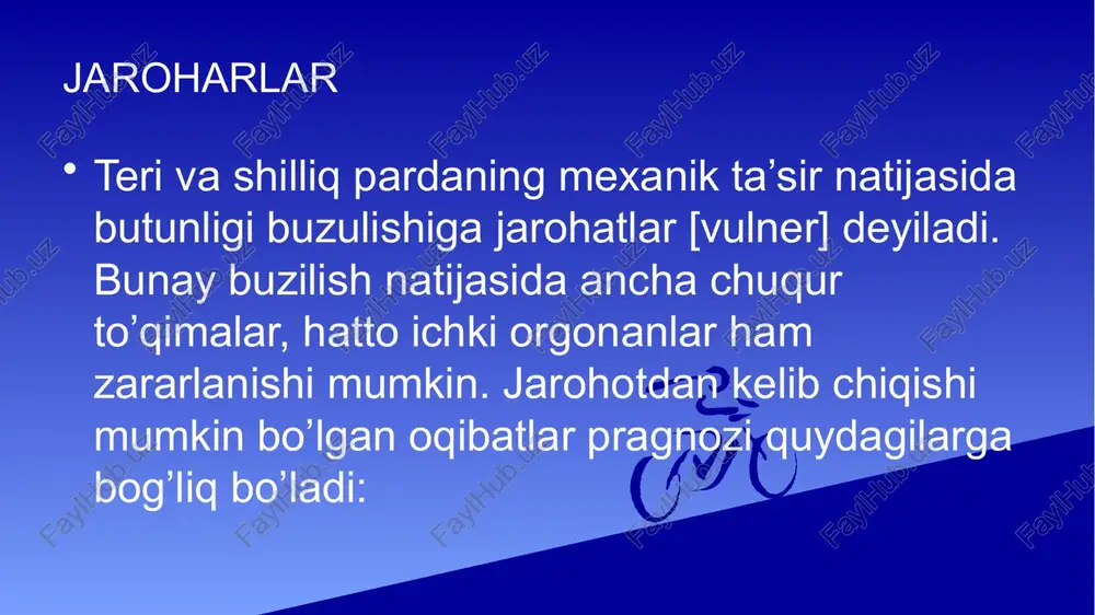 rga operatsiya yoki birlarnchi yordam berilgan jarohatlar, shartli ravishda kesilgan yoki chopilgan jarohatlar kiradi. qolgan jarohatlar teri va atrofdagi narsalar orqali infeksiya tushganligi uchun ifloslangan, ya'ni infeksiya tushgan jarohatlar hisoblanadi. ko’krak sohasidan o’q tegishi travma turi bo’yicha: mexanik shikaslanish maydoniga ko’ra: qo’shma og’irlik darajasiga ko’ra:o’ta og’ir darajali emabilizatsiya: x shakilli bog’lam qo’yiladi shok indekisi: 2.5 bo’ladi transpartirovka: uzoq masofali shoshilinch bilak soxasidan o’q tegishi travma turi bo’yicha: mexanik shikaslanish maydoniga ko’ra: ko’plab og’irlik darajasiga ko’ra: o’rta darajali emabilizatsiya: yelka-tirsak bog’lami shok indekisi: 0.8 bo’ladi transpartirovka: rejalashtirilgan jarohatning bitishi quyidagi omillarga bog'iiq bo'ladi: 1. bemorning umumiy ahvoli (qo'shimcha kasalliklar, yuqumli xastaliklar, qonaylanishi va ovqat hazm qilishning buzilishi, qand kasalligi, og'ir anemiyalar jarohat bitishini yomonlashtiradi). 2. organizmning ovqatlanish ahvoli (oqsil, elektrolit va suv balansining buzilishi, vitamin c ning yetishmasligi, fibroblast aktivligining kamayishi oqibatida jarohat infeksiyasiga moyillikni keltirib chiqaradi). 3. bemor yoshi (yosh o'tgani sababli fibroblastlar yetishmay, jarohat yomon bitadi). 4. gormonlar ta'siri …