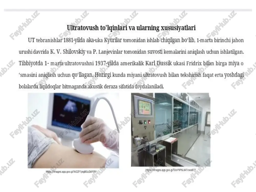 aylantiradi. datchikni o*zi qaytgan signallarni gabul gilib, uni gaytadan elektr signaliga aylantiradi. datchiklar ultratovush to'lginlarni uzatadi va qabul qiladi ultratovush to'lginining xususiyatlari ut to'lqinining tarqalishi. tolginning targalishi ultratovushning turli to‘qimalarda tarqalishi va uzatilishida namoyon bo'ladi. to‘qimalaming ut tollqinini targatish xususiyati tasvir paydo bollishida muhim ahamiyatga ega. to ‘qimaning ut to'lqinlari tarqatish xususiyati shu a’zoda ut diagnostikasi zaruratini yoki chegaralanishini belgilab beradi. utt lar yumshog to‘qimalarda boylama tolginlar kabi tarqaladi. molekulalar tebranadi va energiyani keyingi molekulaga o'tkazadi, ana shu tarzda ut energiyasi tana bo‘ylab tarqaladi. yumshog to‘qimalarda ut ning tarqalish o'rtacha tezligi 15—40 sekundni tashkil etadi to'lqin uzunligi. ultratovush to'lgin uzunligi to'lgin uzunligi nurlanish chastotasiga teskari proporsionaldir. nurlanish chastotasi qancha baland bo‘lsa, to‘lgin uzunligi shuncha qisqaradi. misol uchun 3 mgs chastotali ut yumshog to‘qimalarda 0,5 mm uzunlikka ega, ayni paytda 6 mgs chastotali ut 0,25 mm uzunlikka ega. to'lqin qancha kalta bo'lsa, aniq tasvirga ega bo'lish imkoniyati ro shuncha balanddir. lekin …